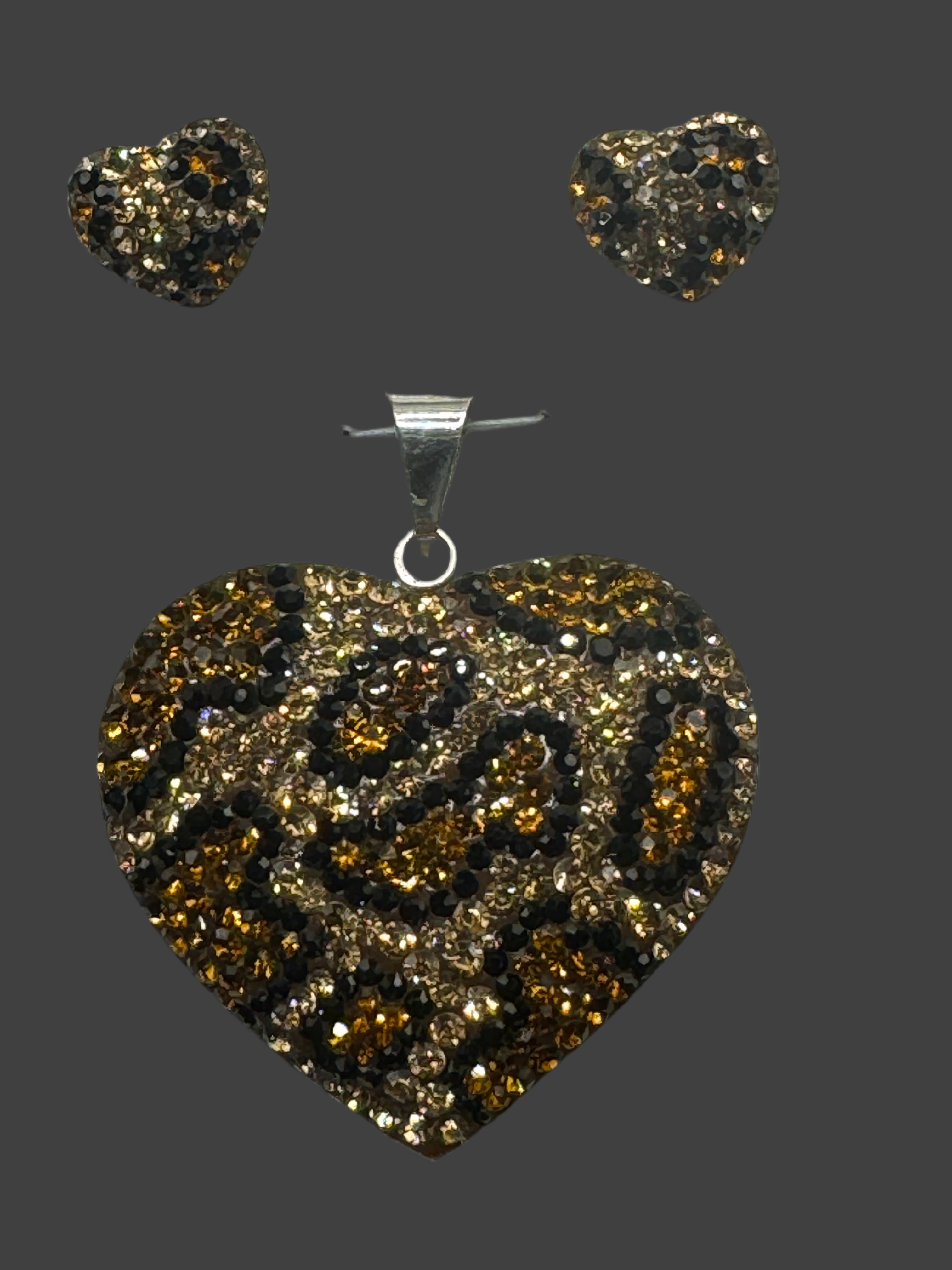 Leopard print crystal Heart Pendant & Earrings .