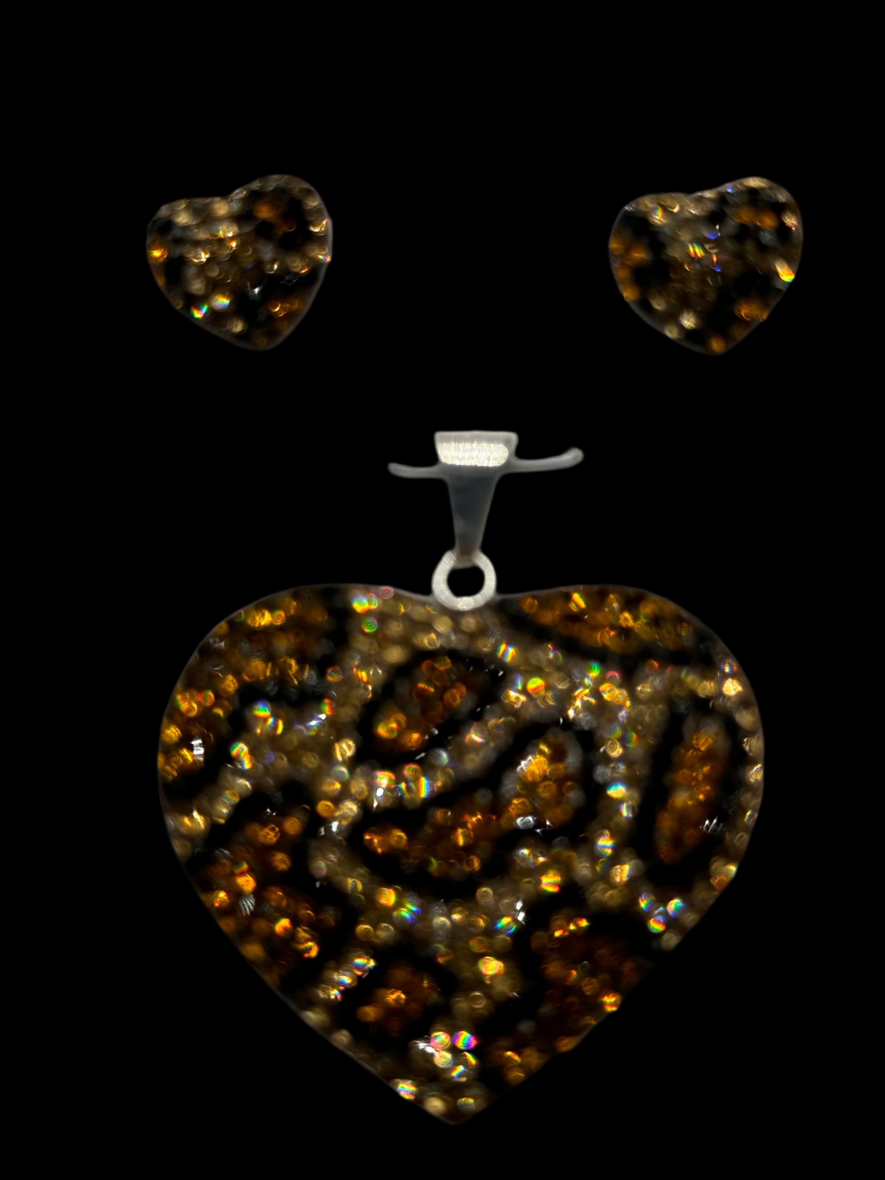 Heart Pendant & Earrings . Leopard print crystals .