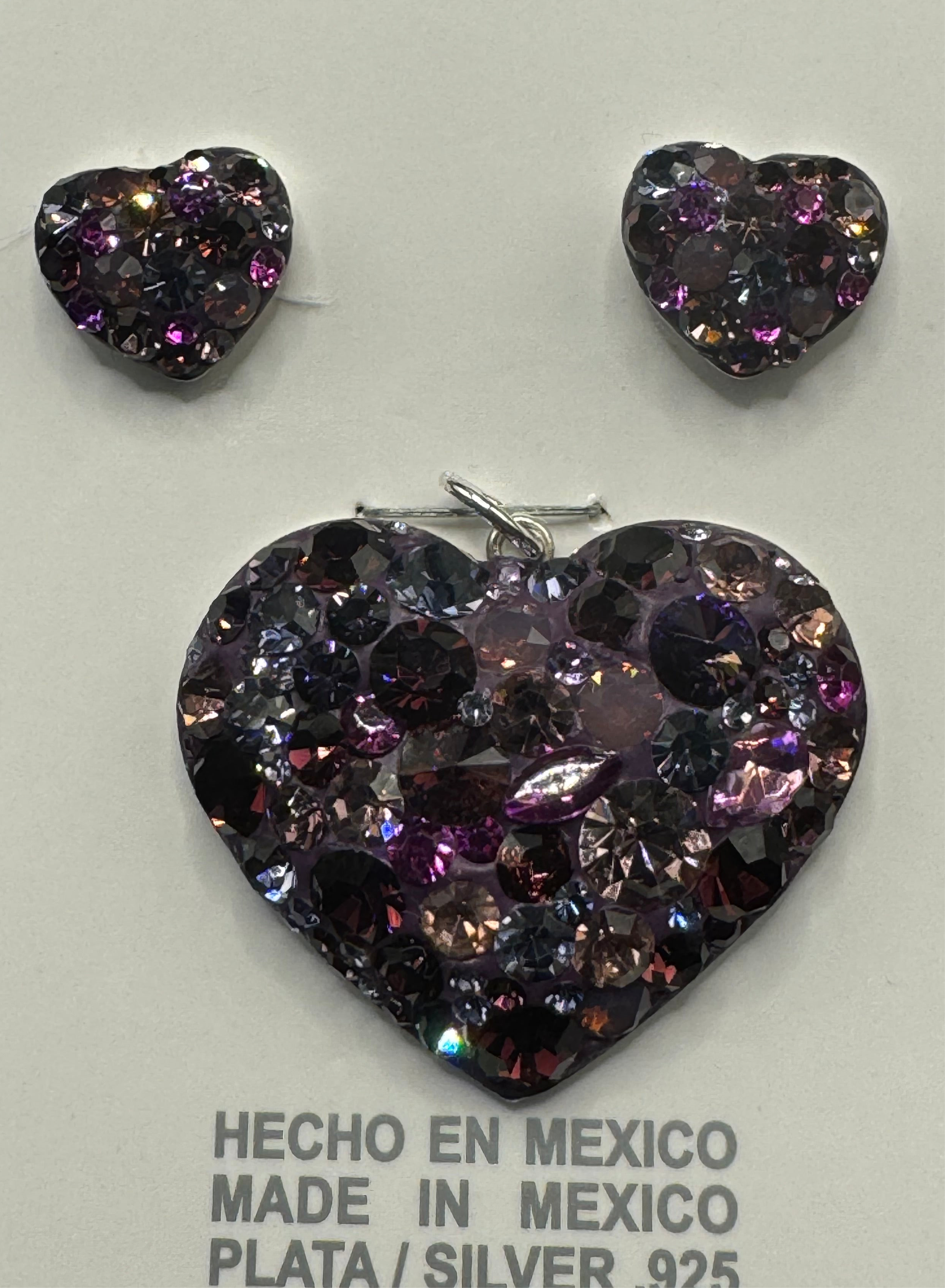Heart Pendant & Earrings in Amethyst . Crystals  , Sterling Silver .