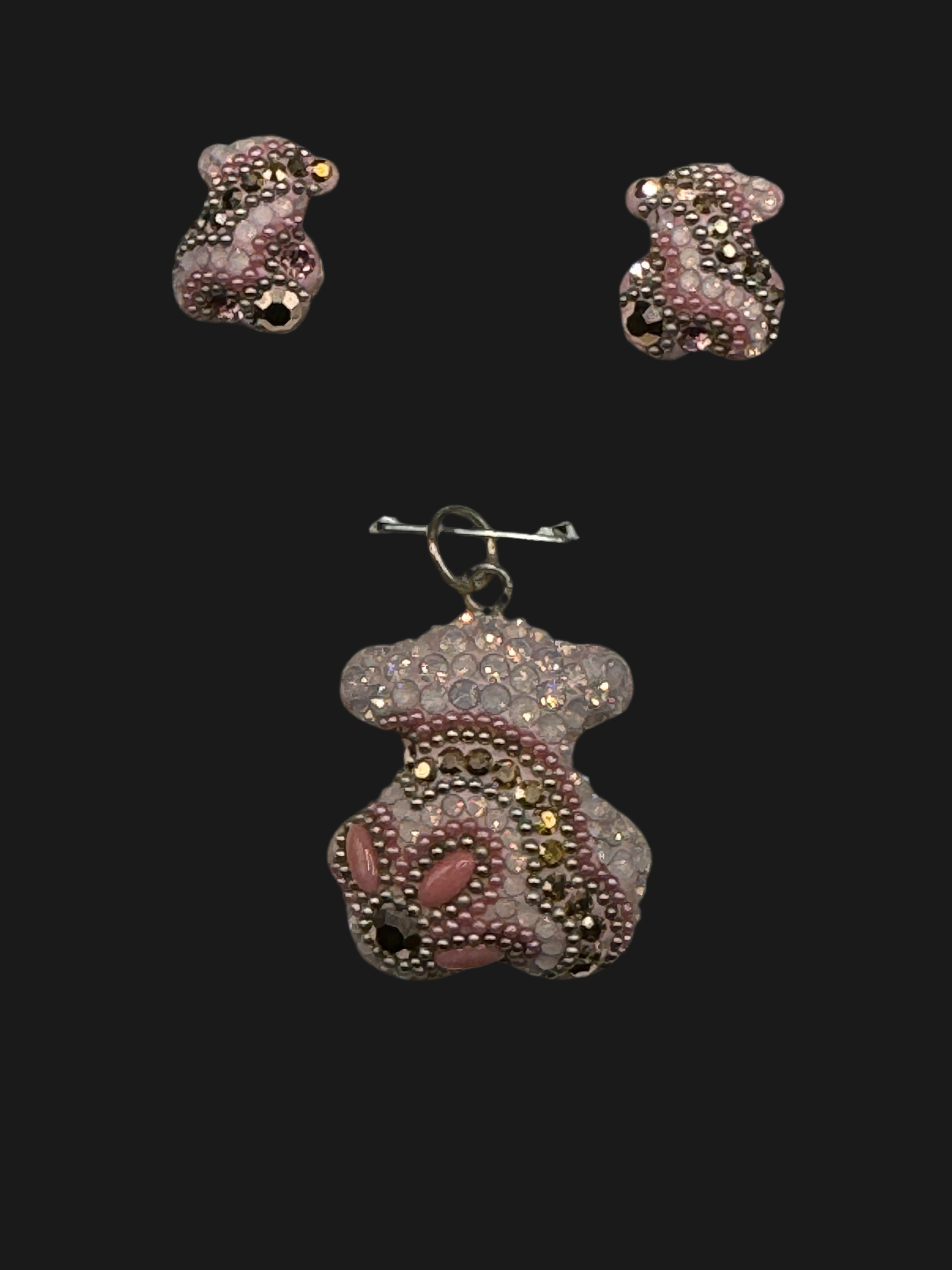 Teddy Bear Pink crystals. Pendant & Earrings .