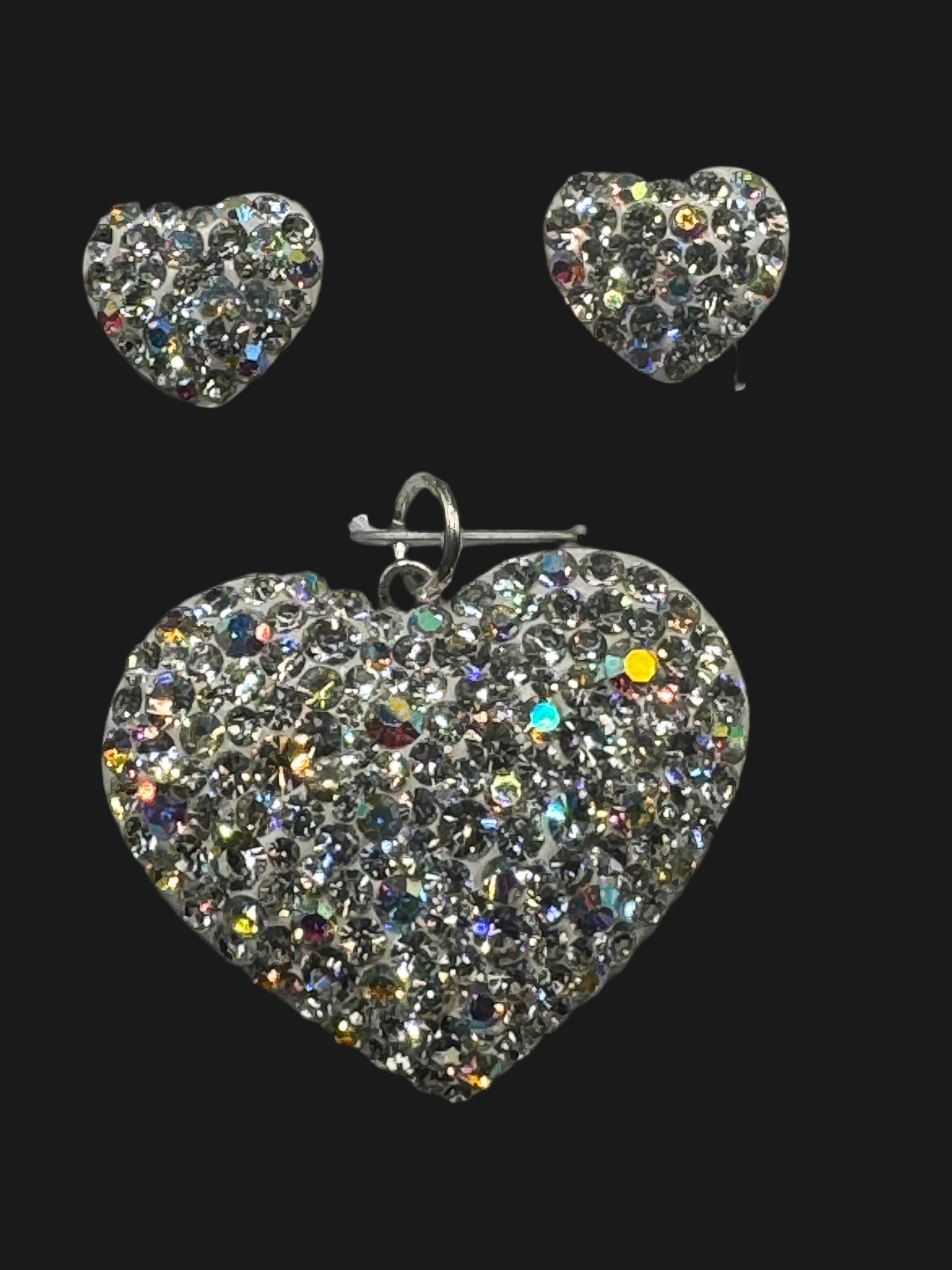 Heart Pendant & Earrings Clear crystals . Sterling Silver .