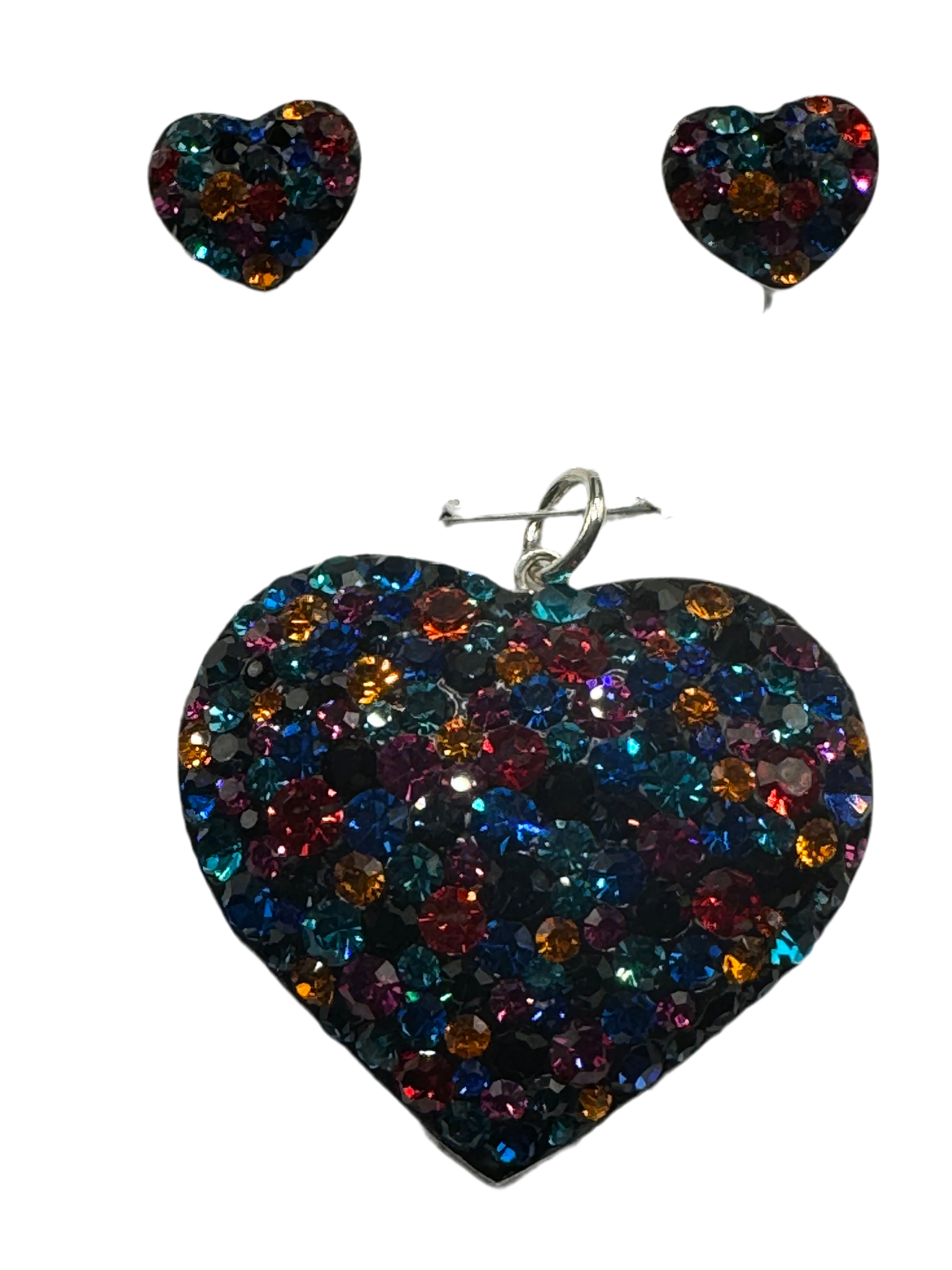Deep Oranges & Blue crystals Heart Pendant & Earrings .