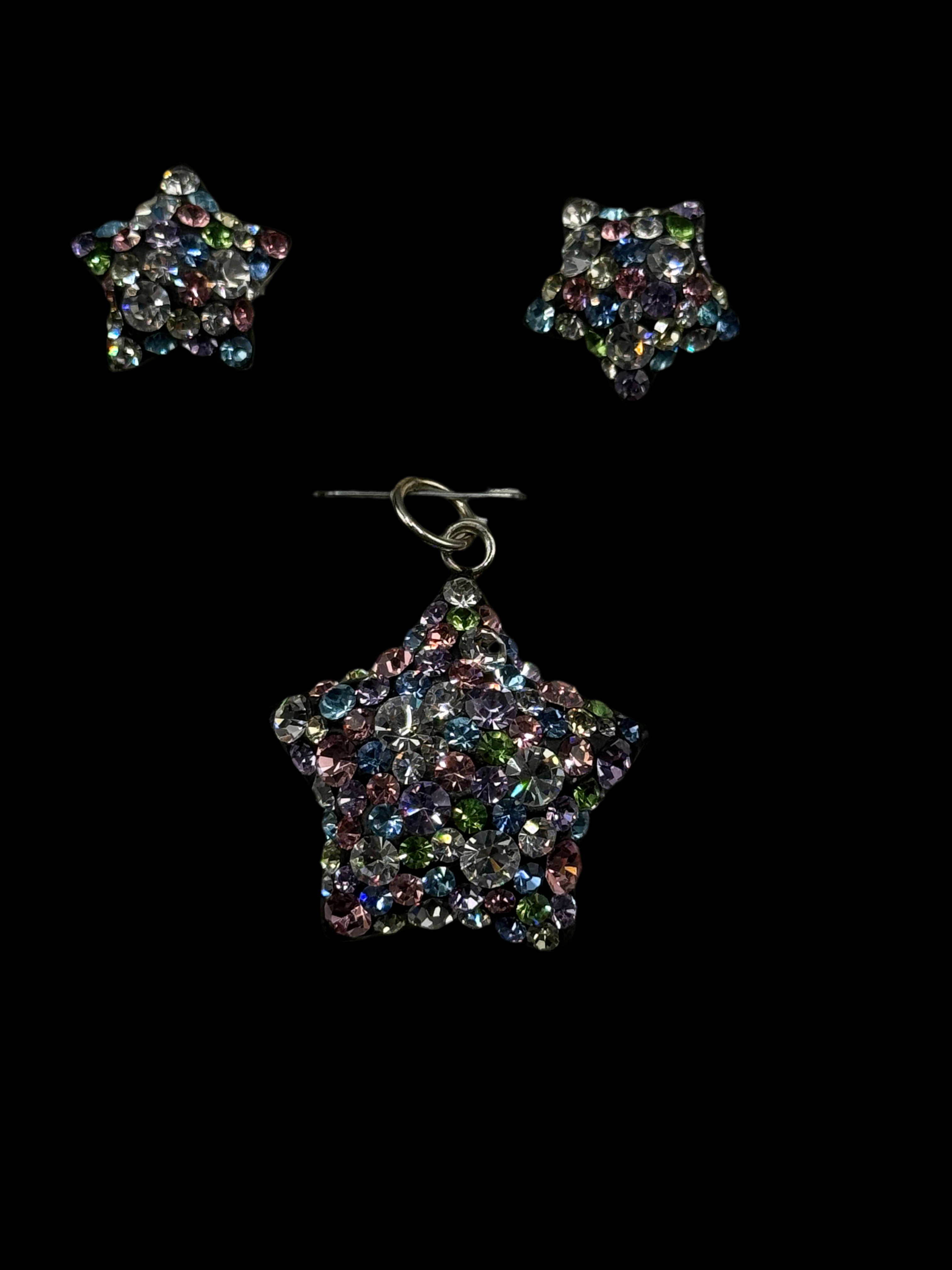 Brilliant crystals dark iridescent Star Pendant & Earrings .
