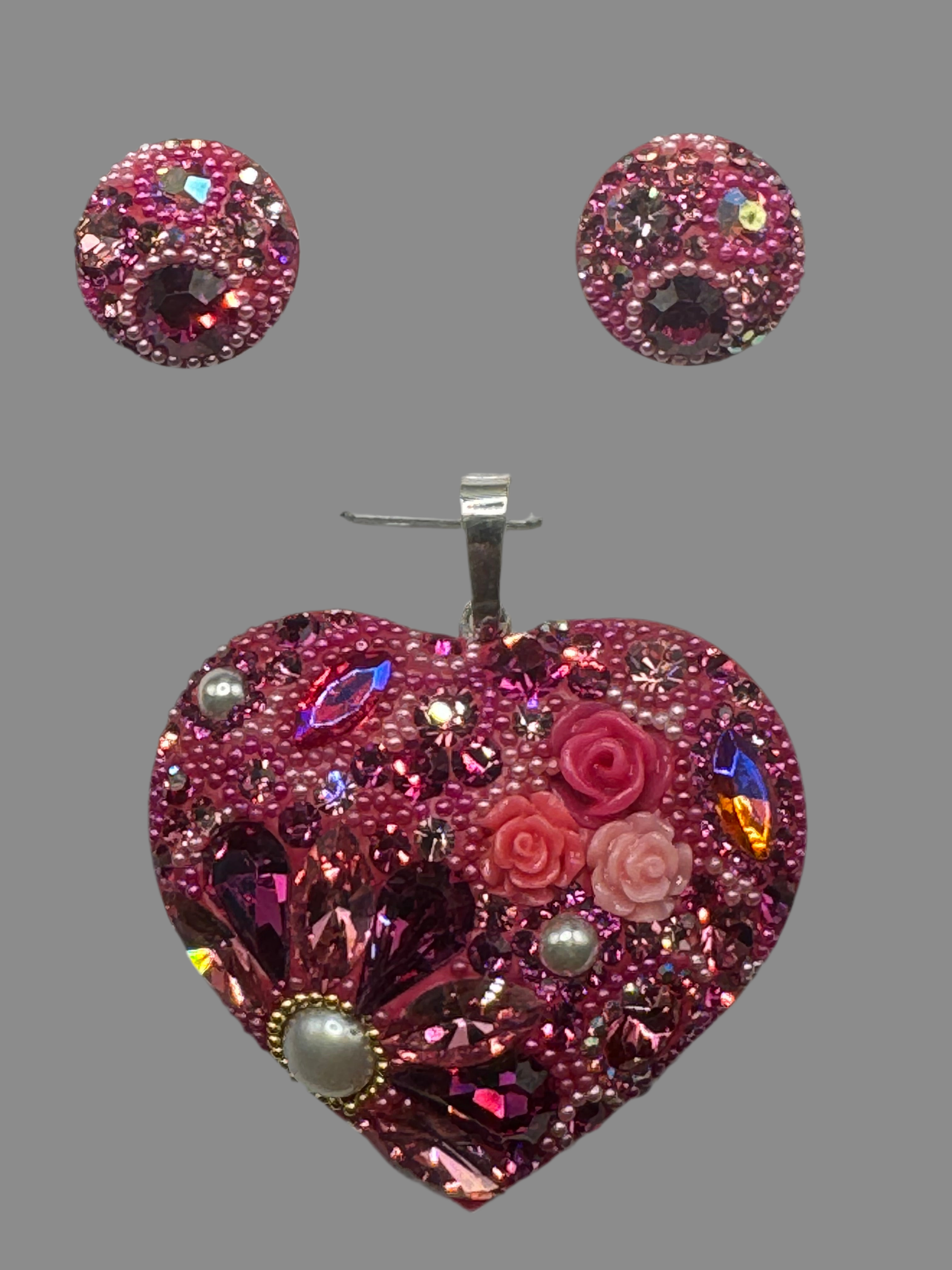 Jeweled Heart Pendant & Earrings in Fuchsia , Crystals , Sterling Silver .