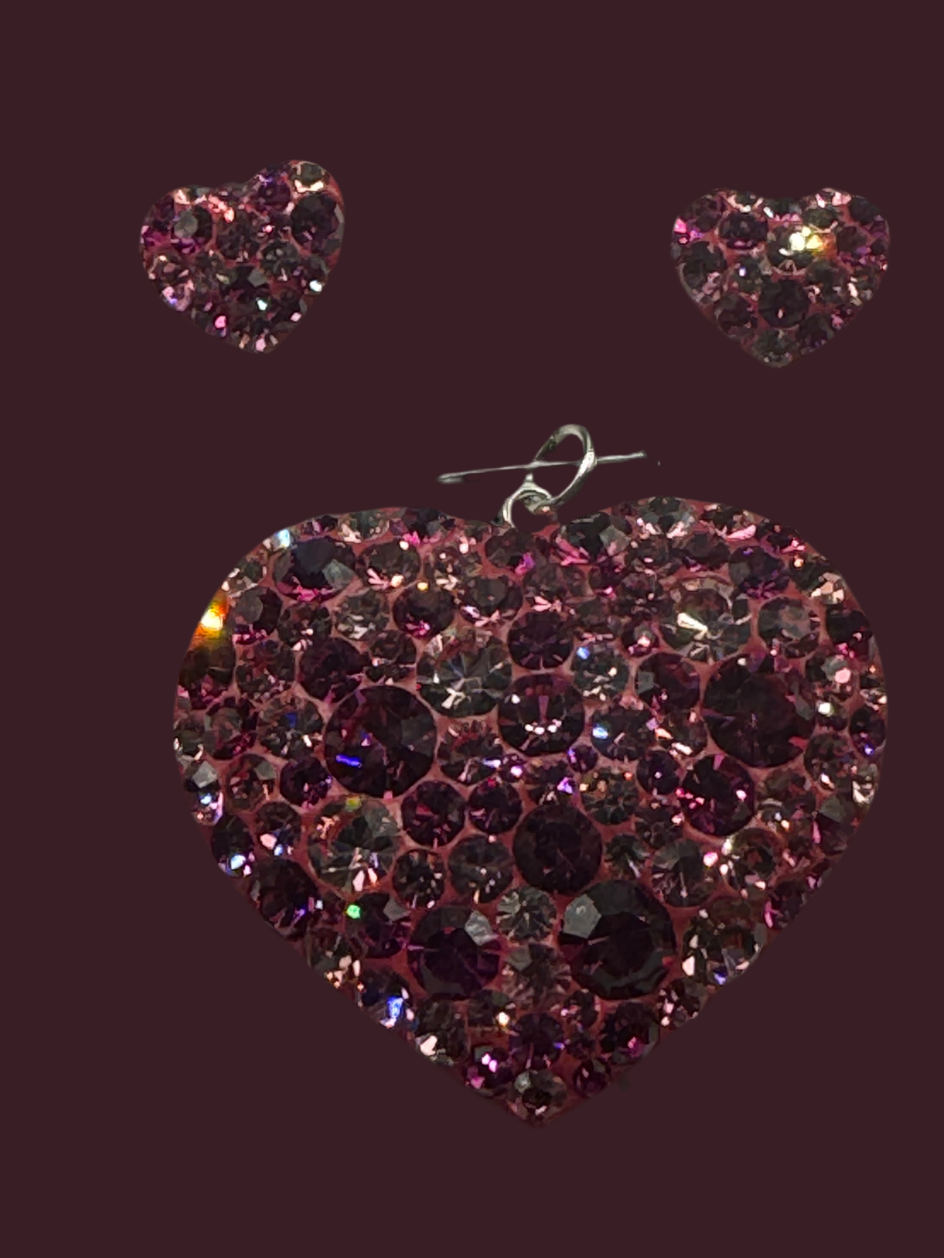 Deep Fucshia  crystals  Heart Pendant & Earrings.