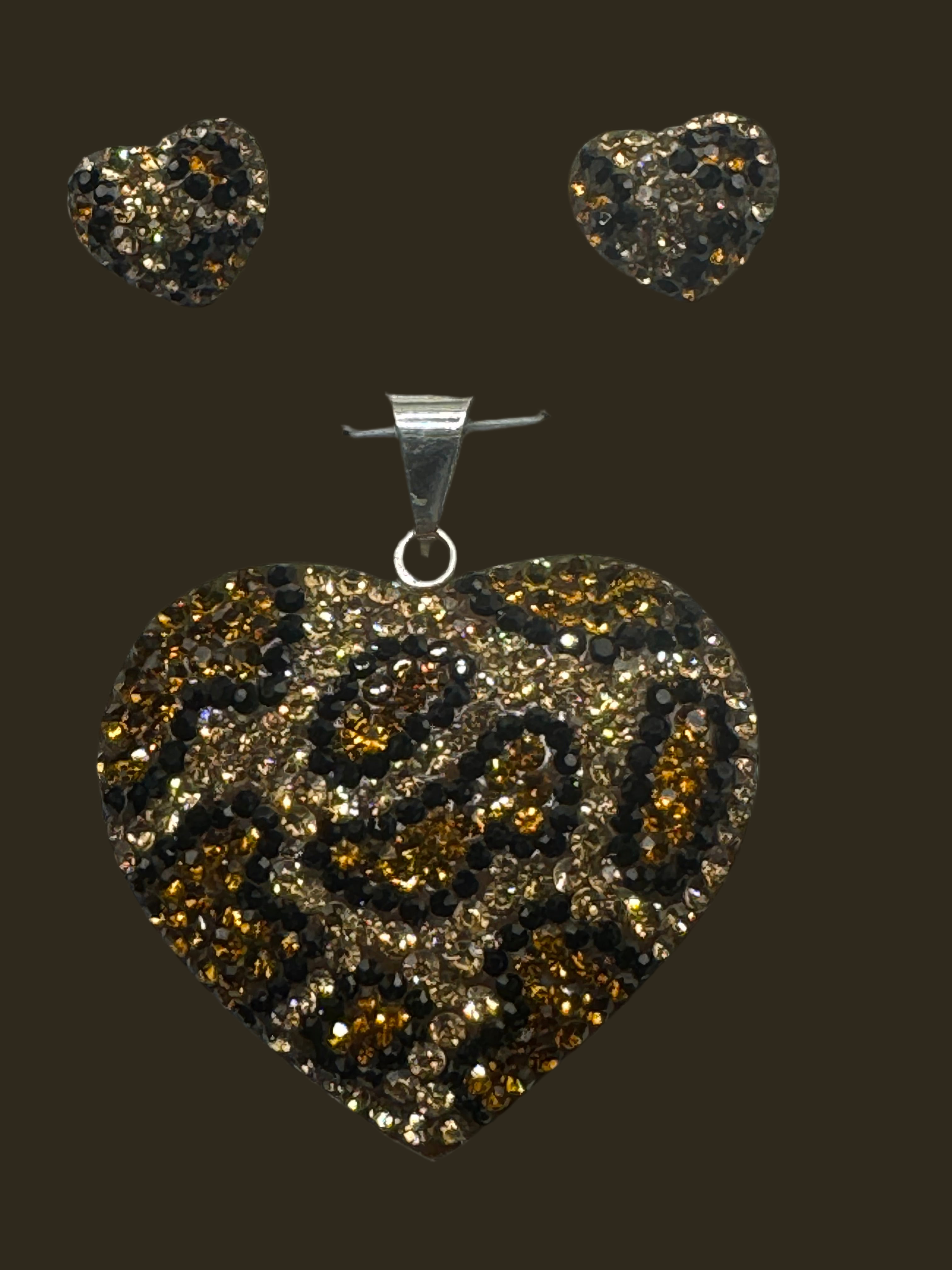 Leopard print crystal Heart Pendant & Earrings .