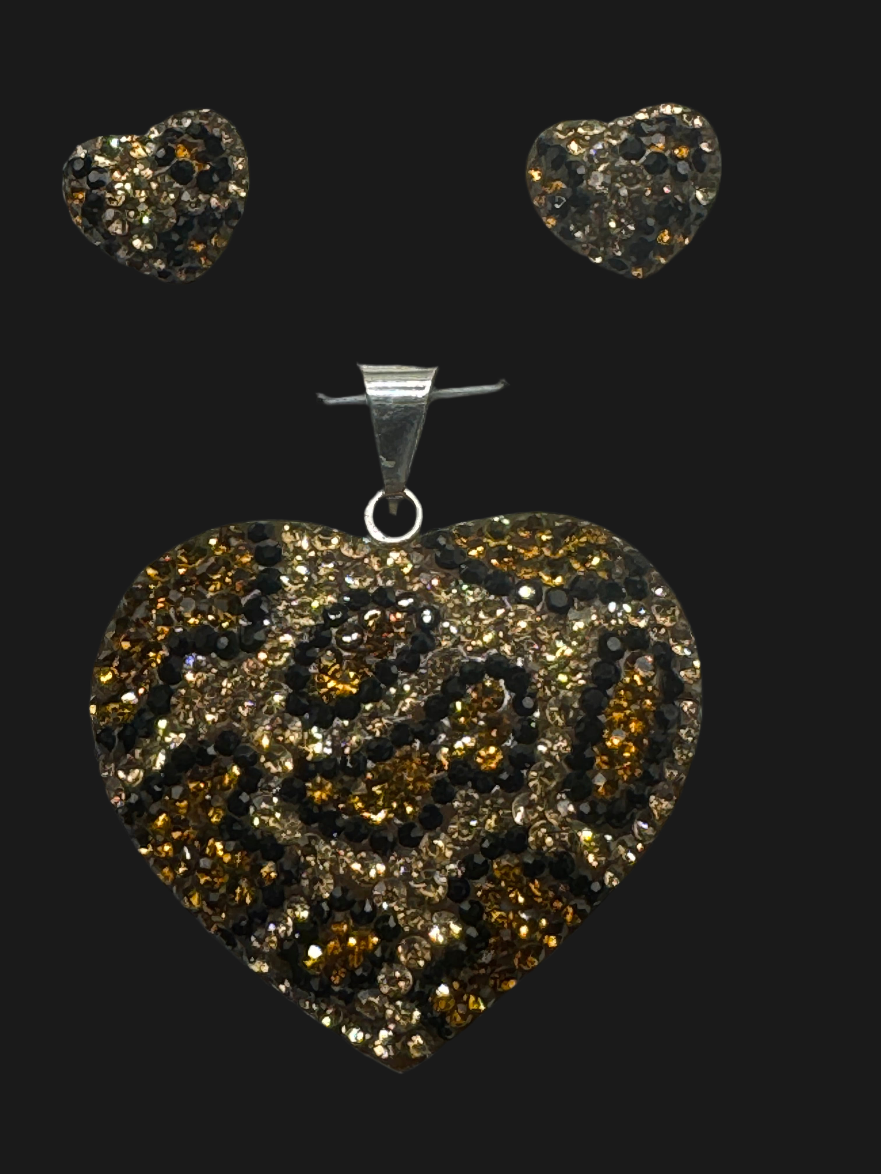 Heart Pendant & Earrings . Leopard print crystals .