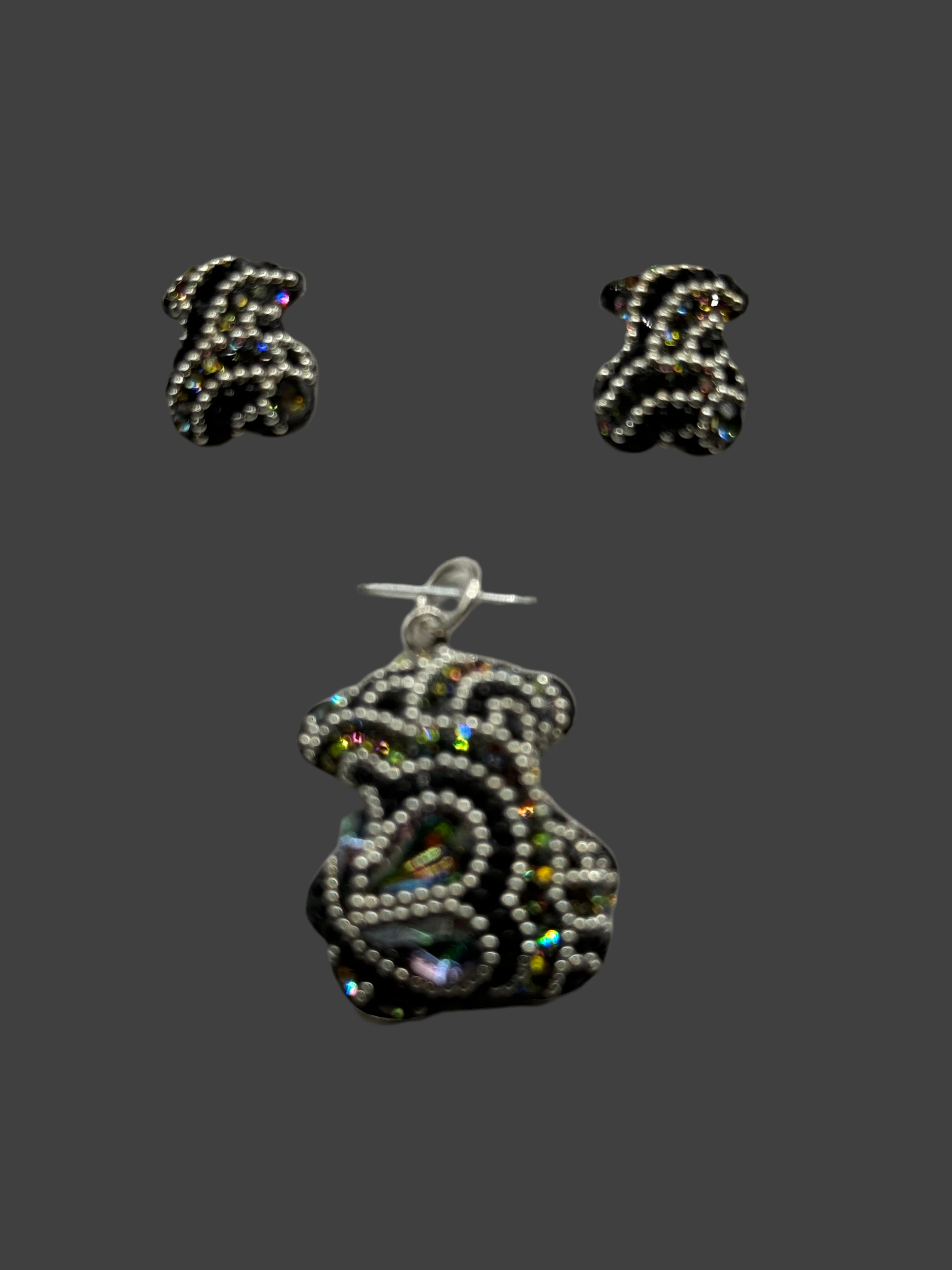 Teddy Bear Pendant & Earrings in black crystals .