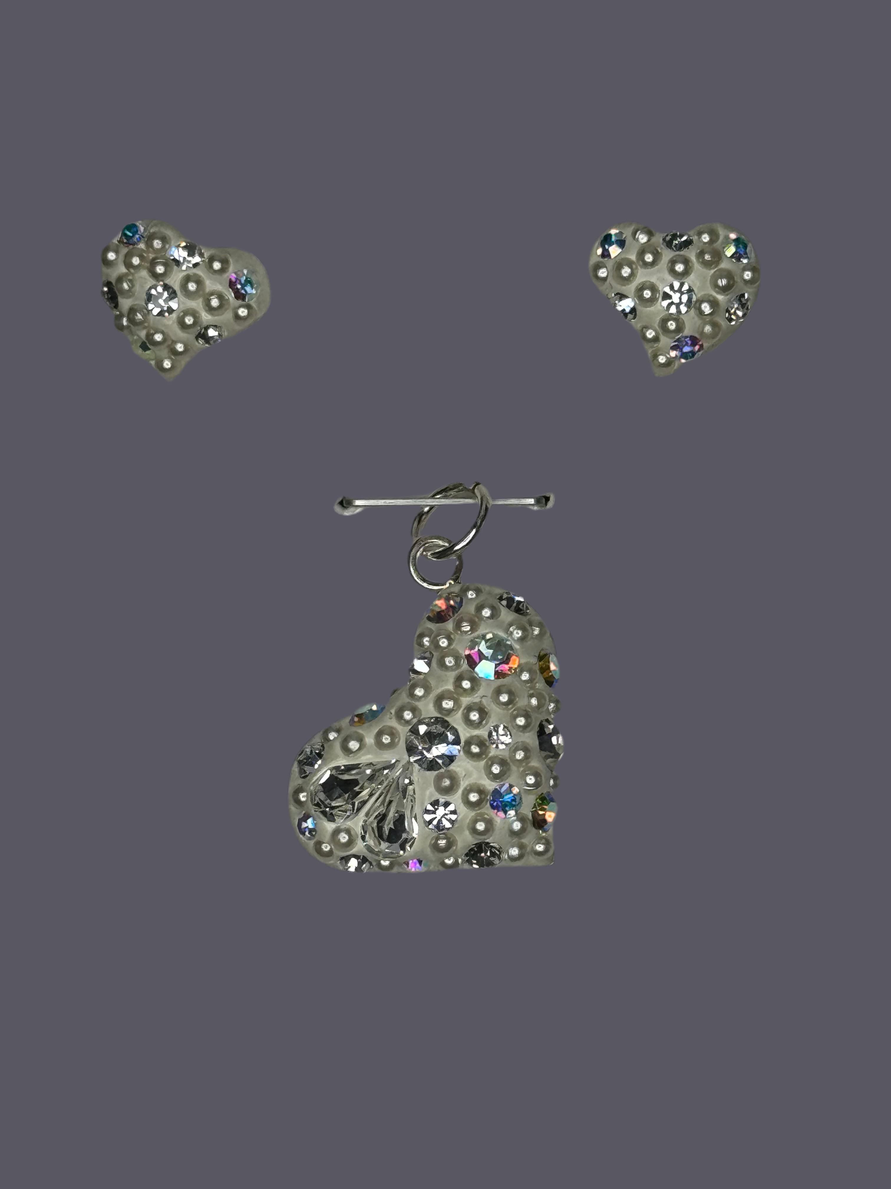 Iridescent Crystals Heart Pendant & Earrings .  Petite.