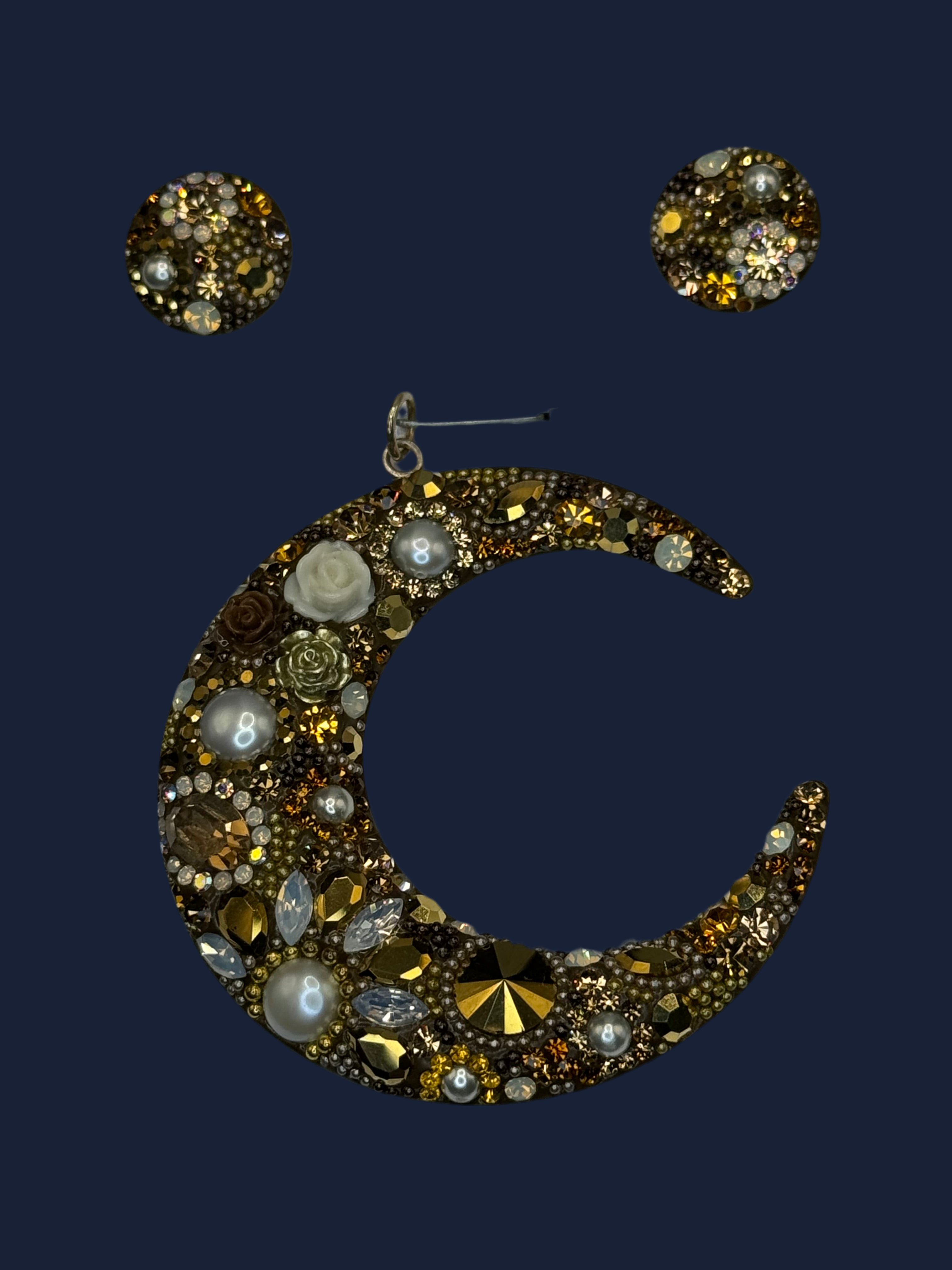 Crystals in gold Crescent Pendant & Earrings