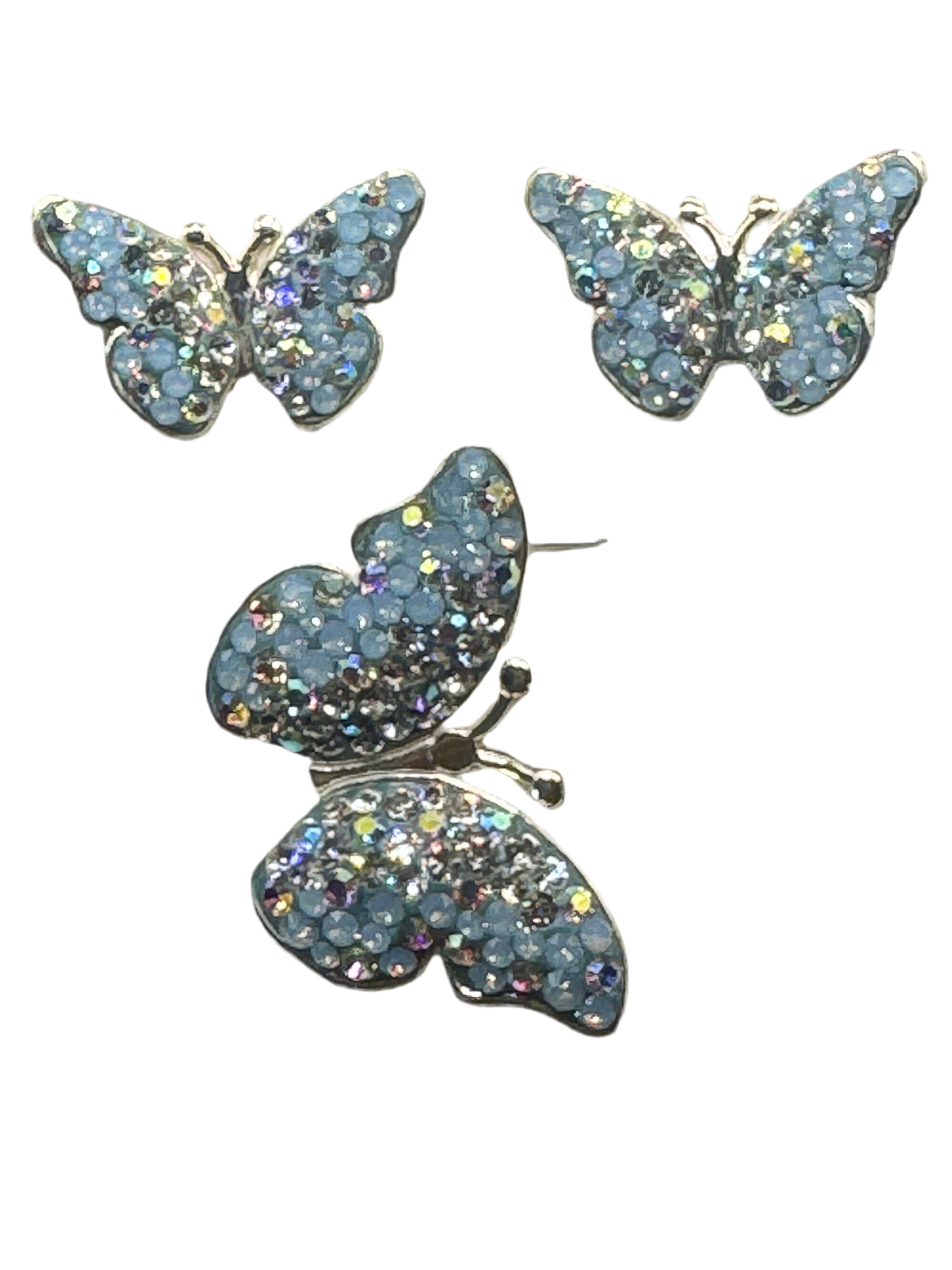 Butterfly Pendant & Earrings in light blue crystals.