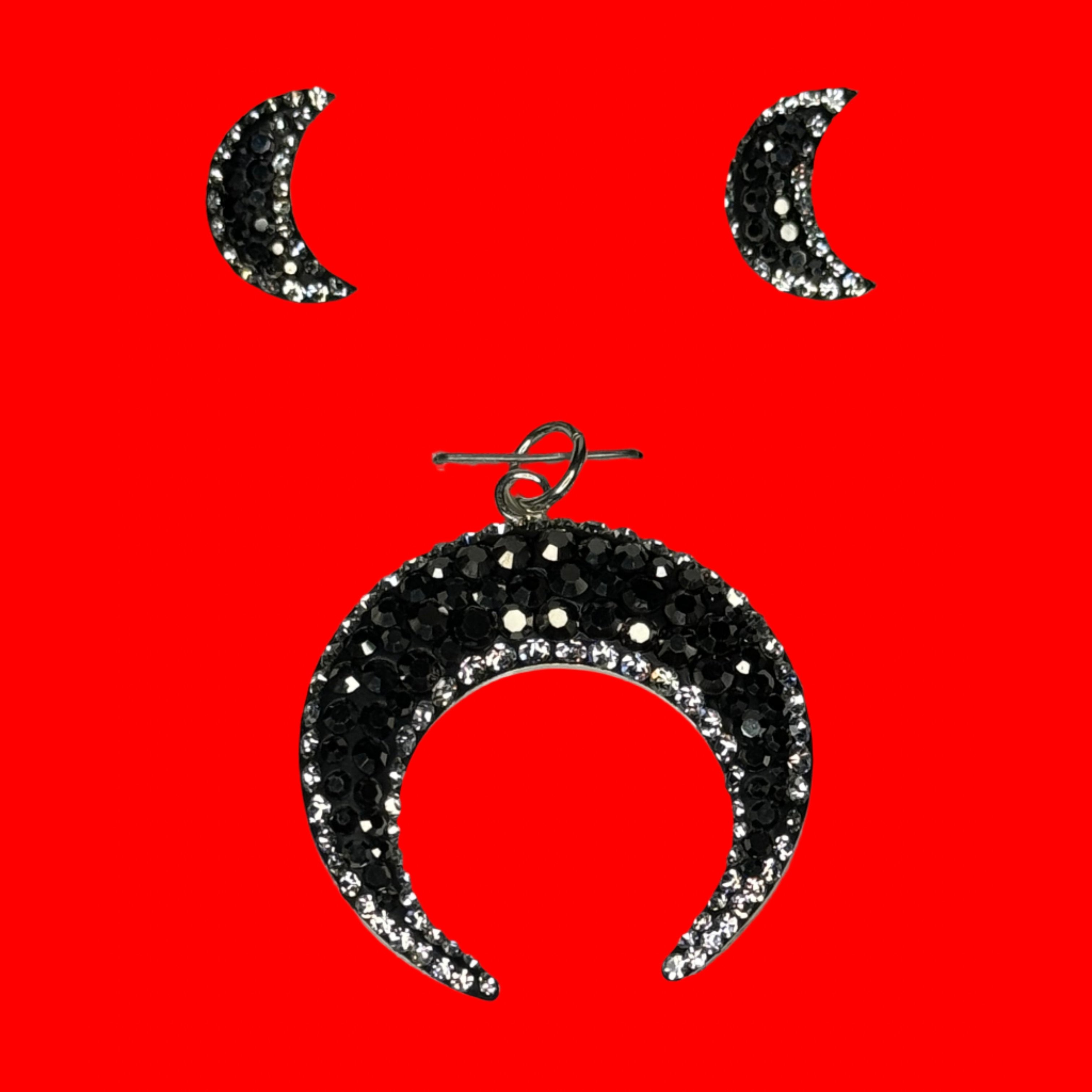 Cresent Pendant & Earings in black crystals.
