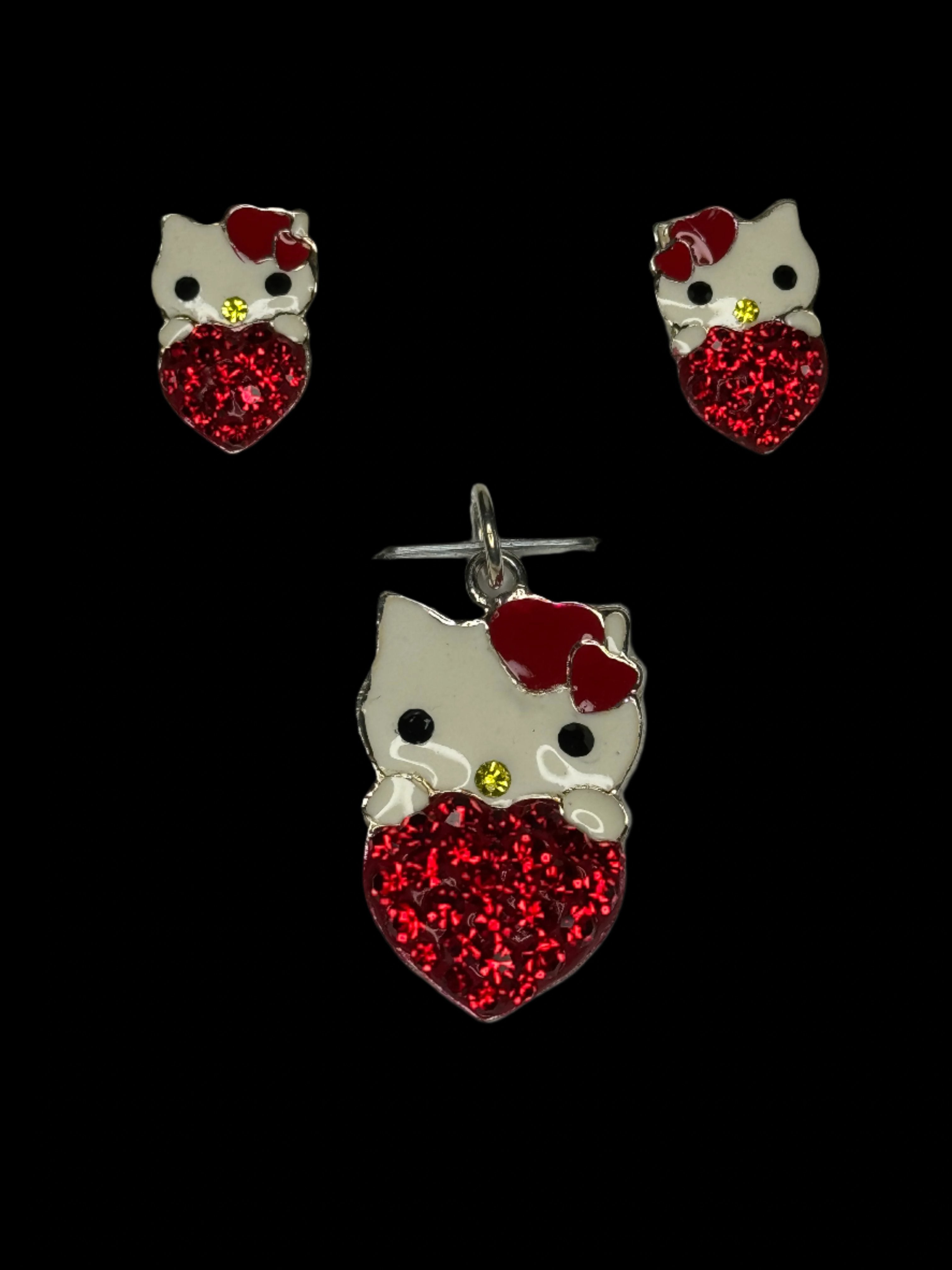Red crystals Kitty & Heart Pendant & Earrings .