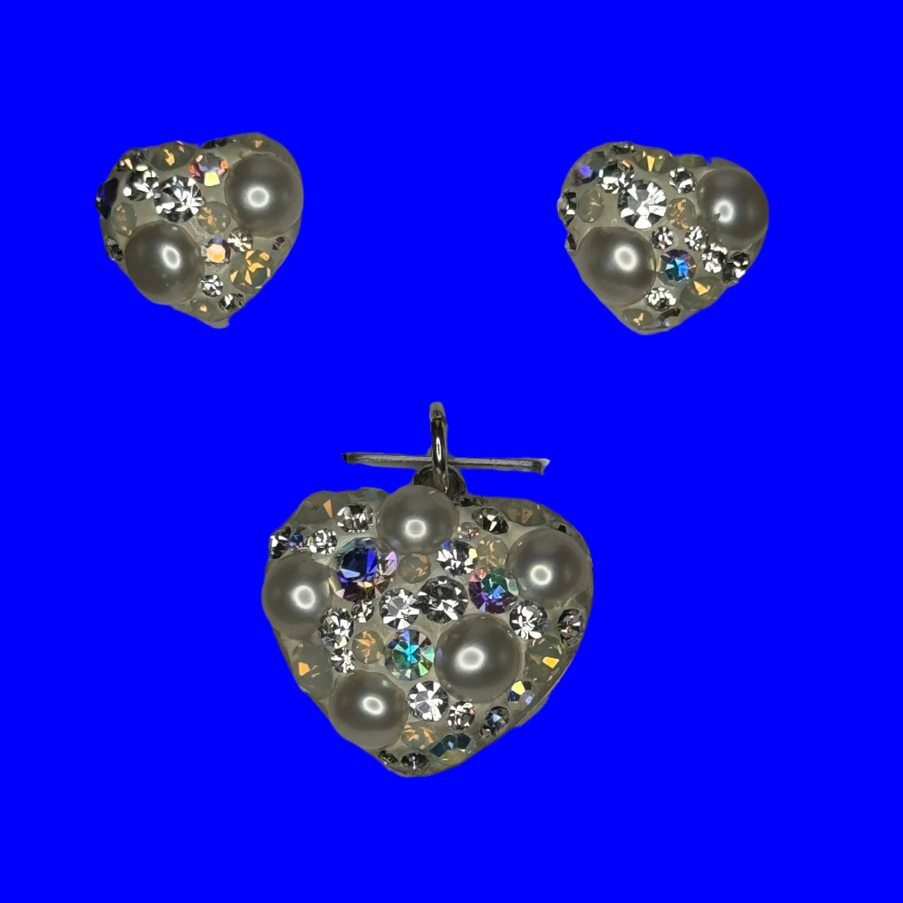 Crystals & Pearls Heart Pendant & Earrings .