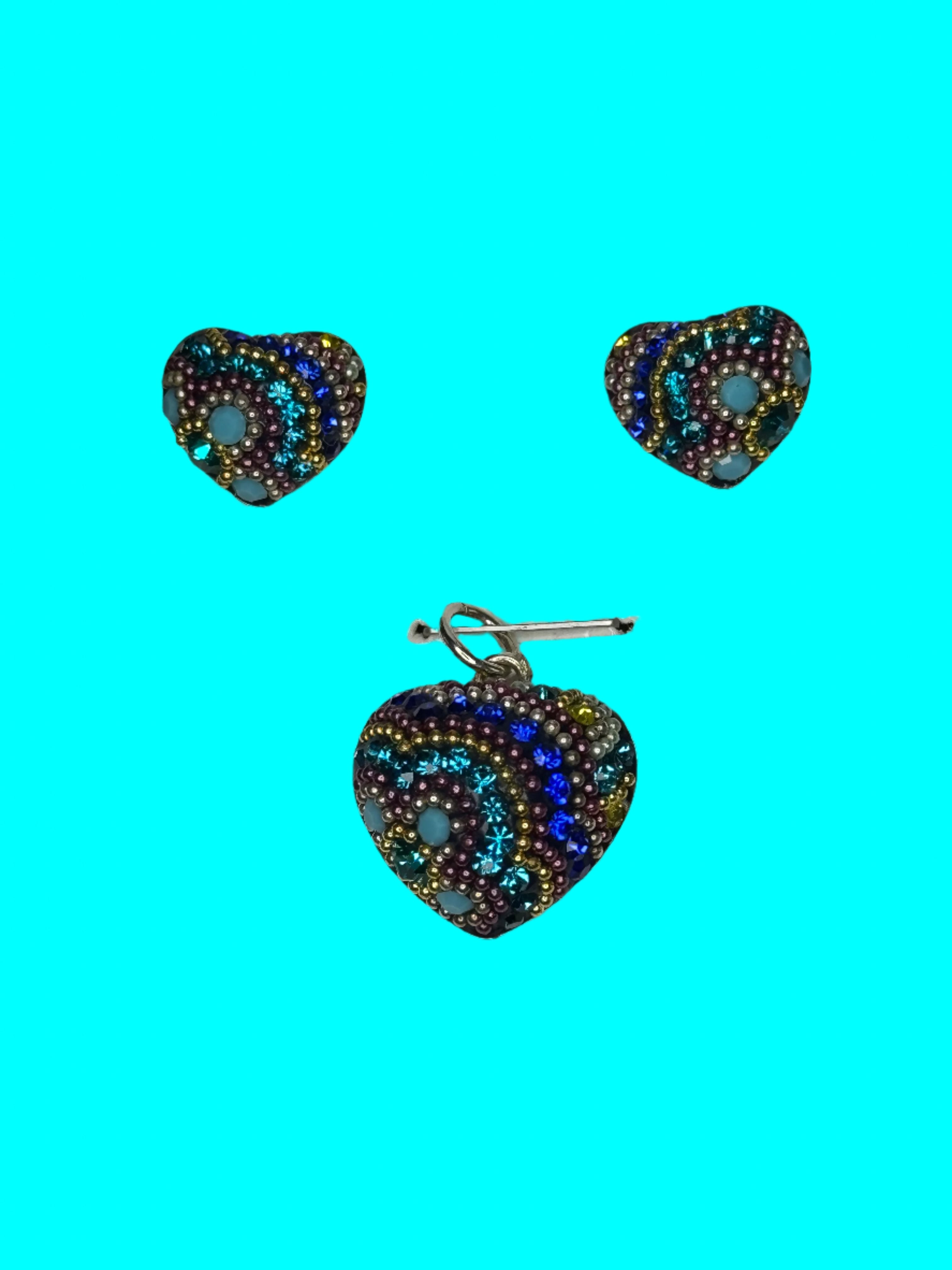 Multi color Crystals Heart Pendant & Earrings .