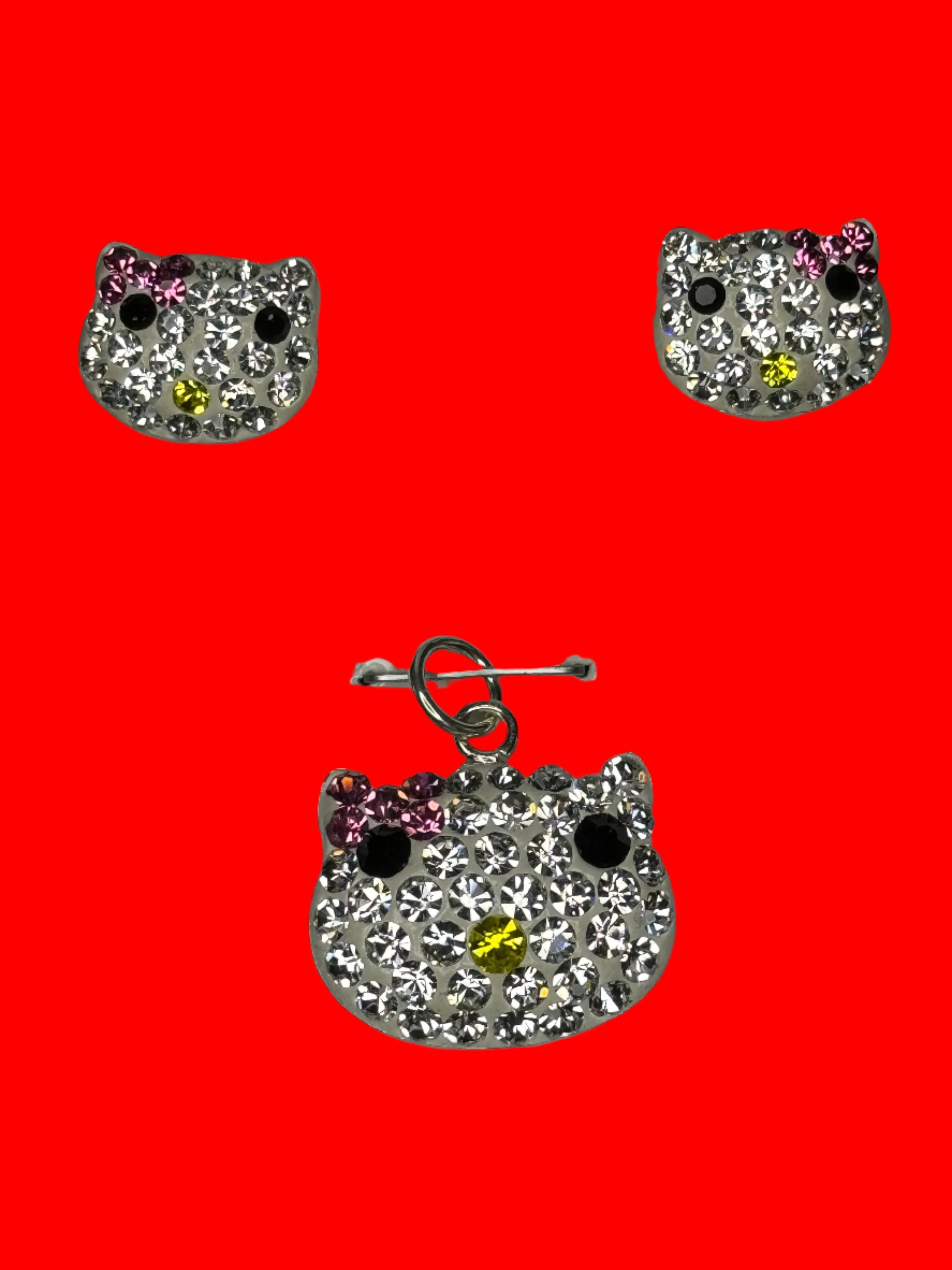 Iridescent crystals Kitty Pendant & Earrings .