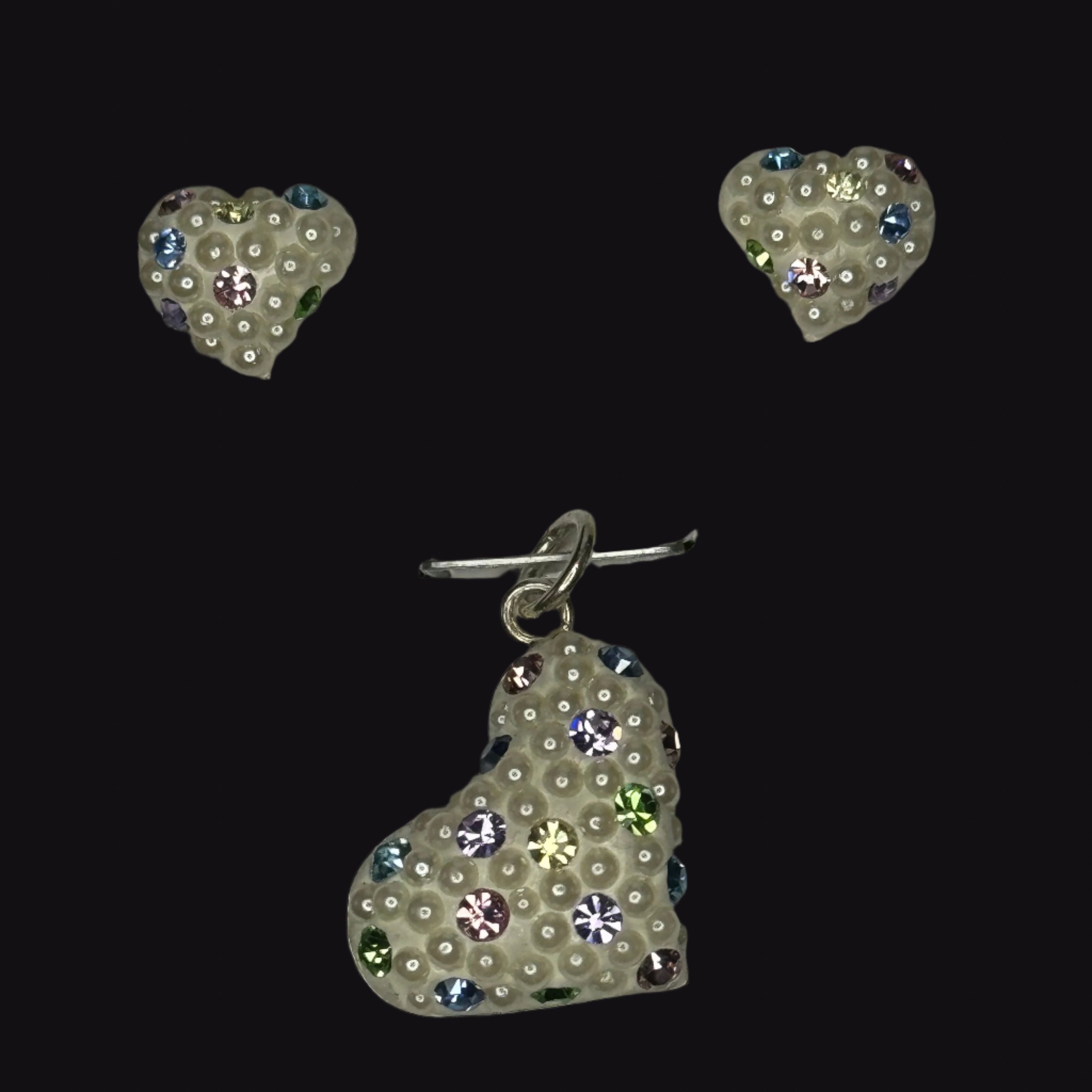 Crystals in white with Poka dots Heart Pendant & Earrings .