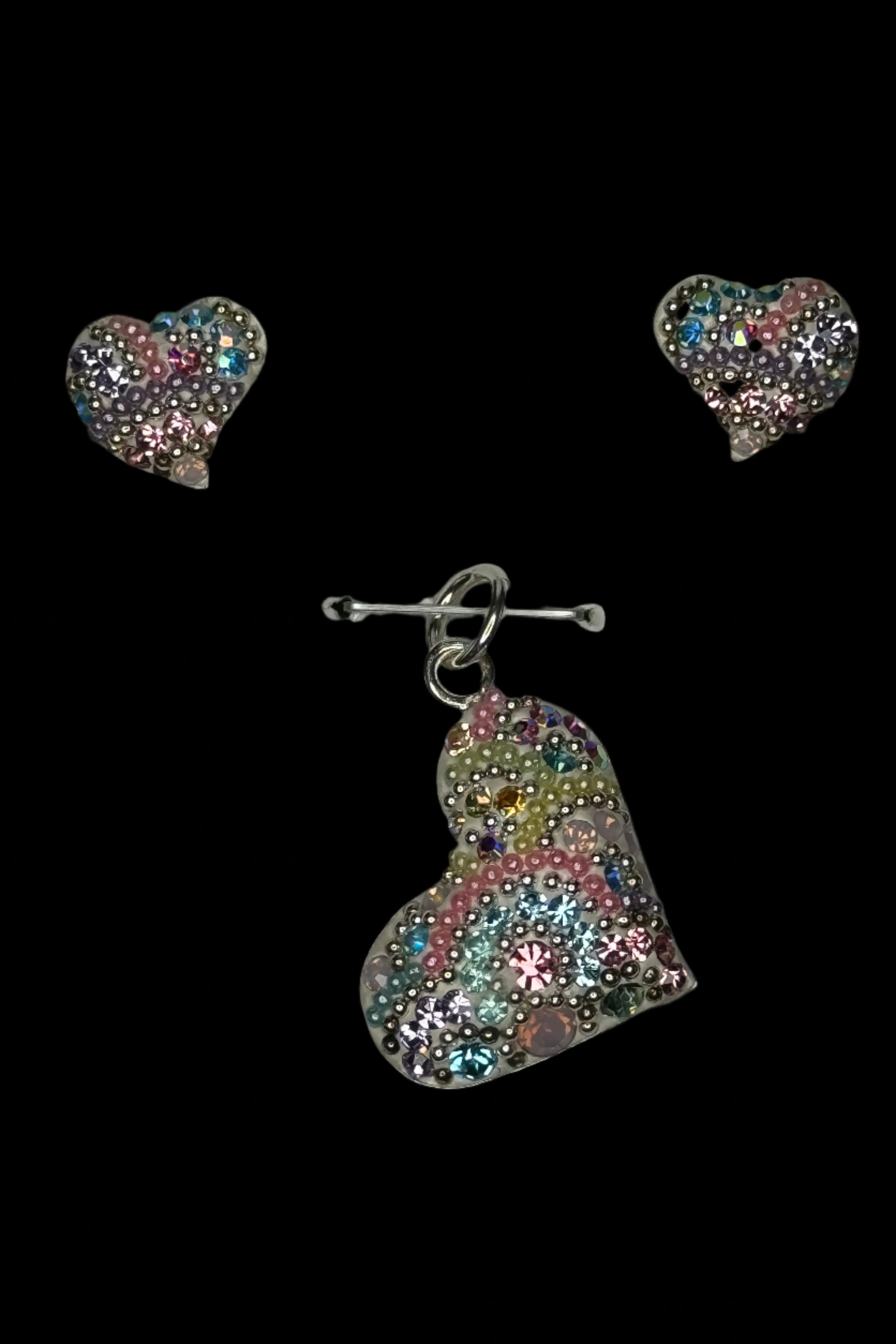 Crystal multi color Heart Pendant & Earrings . Sterling Silver .