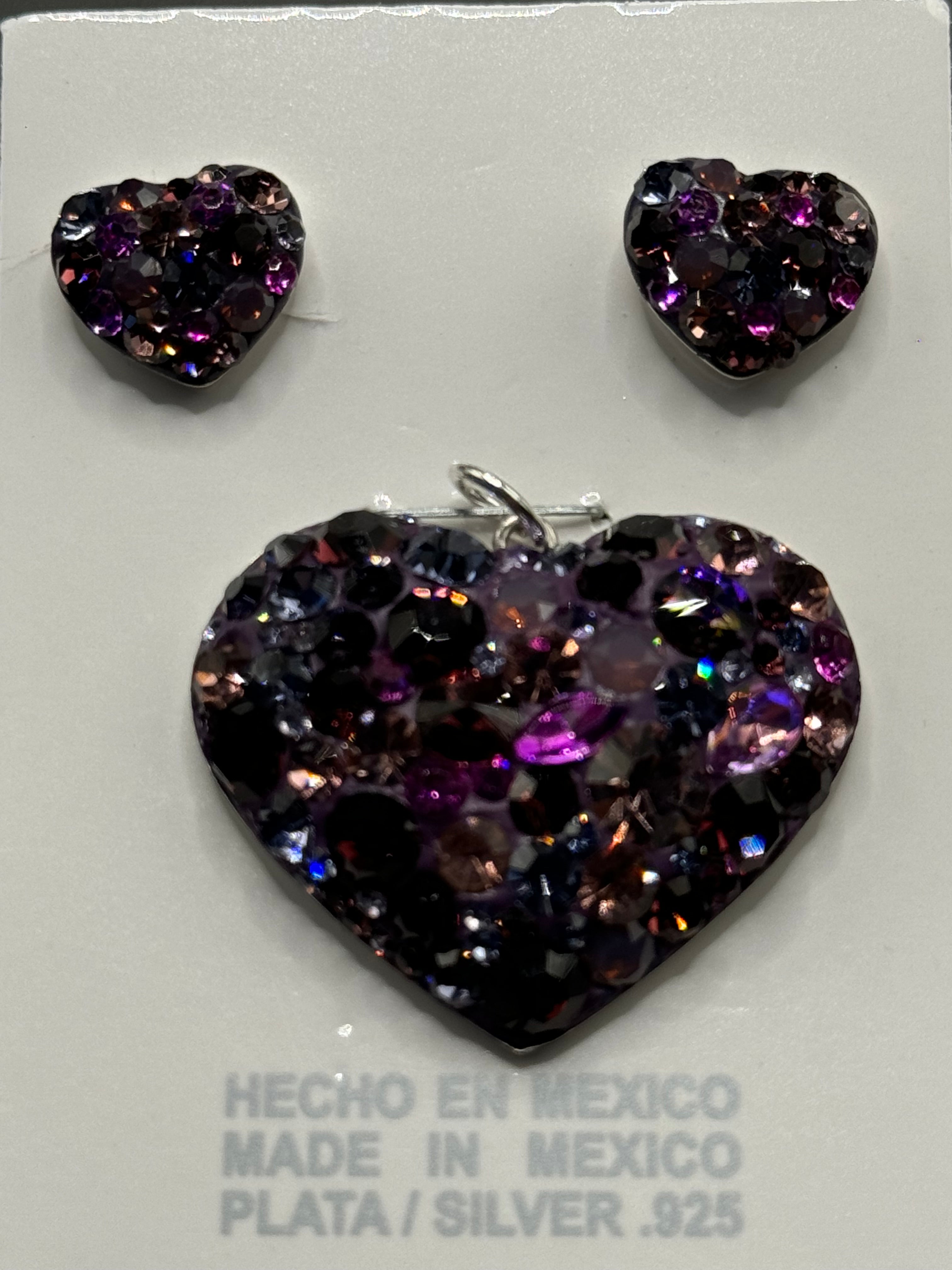 Heart Pendant & Earrings in Amethyst . Crystals  , Sterling Silver .