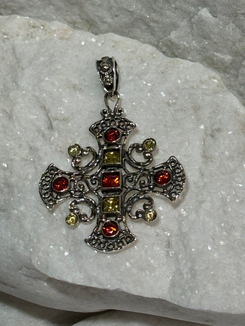 Yellow & Orange Cross Crystal Pendant