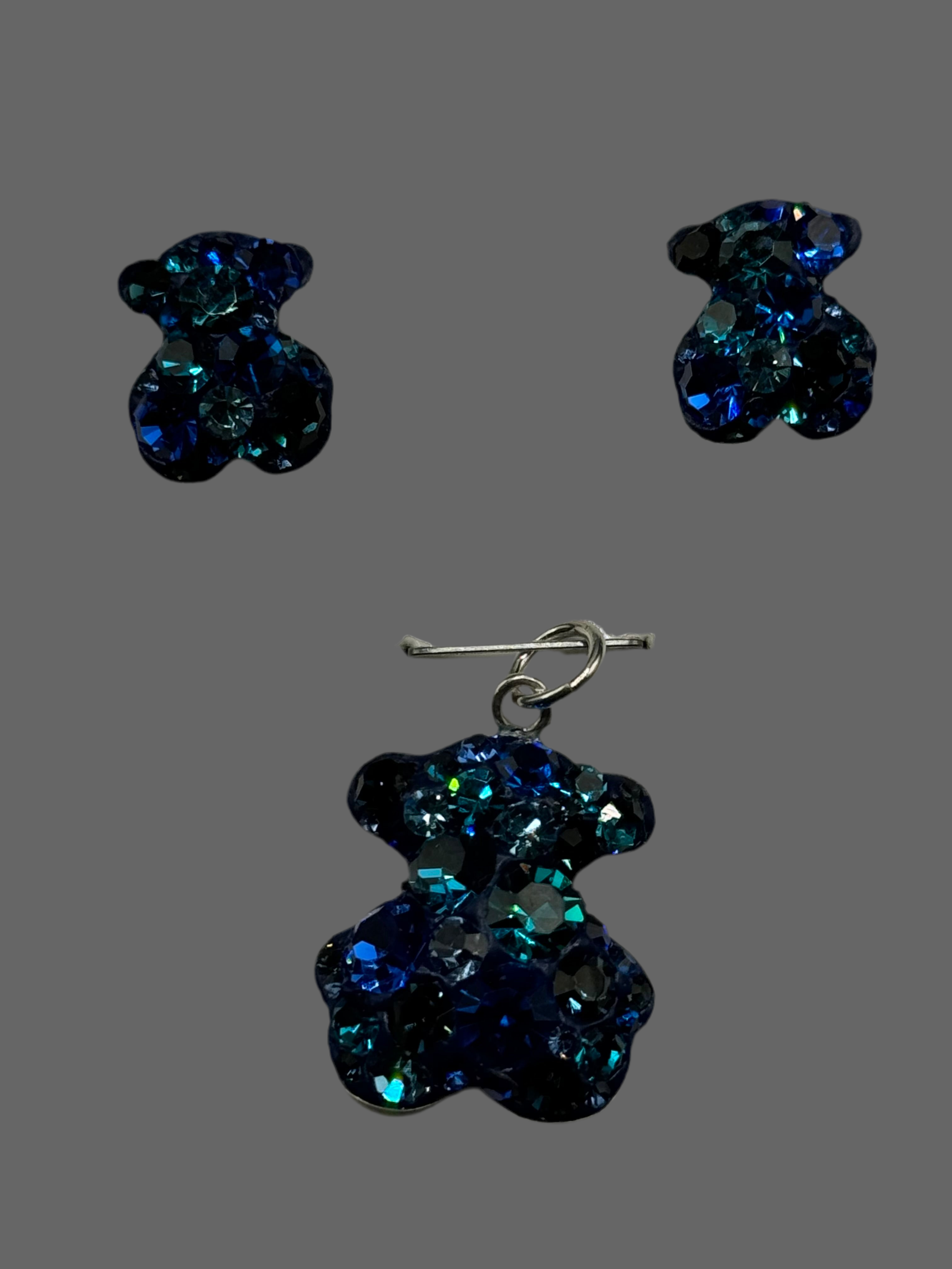 Teddy Bear Pendant & Earrings in Cobalt blue crystals .