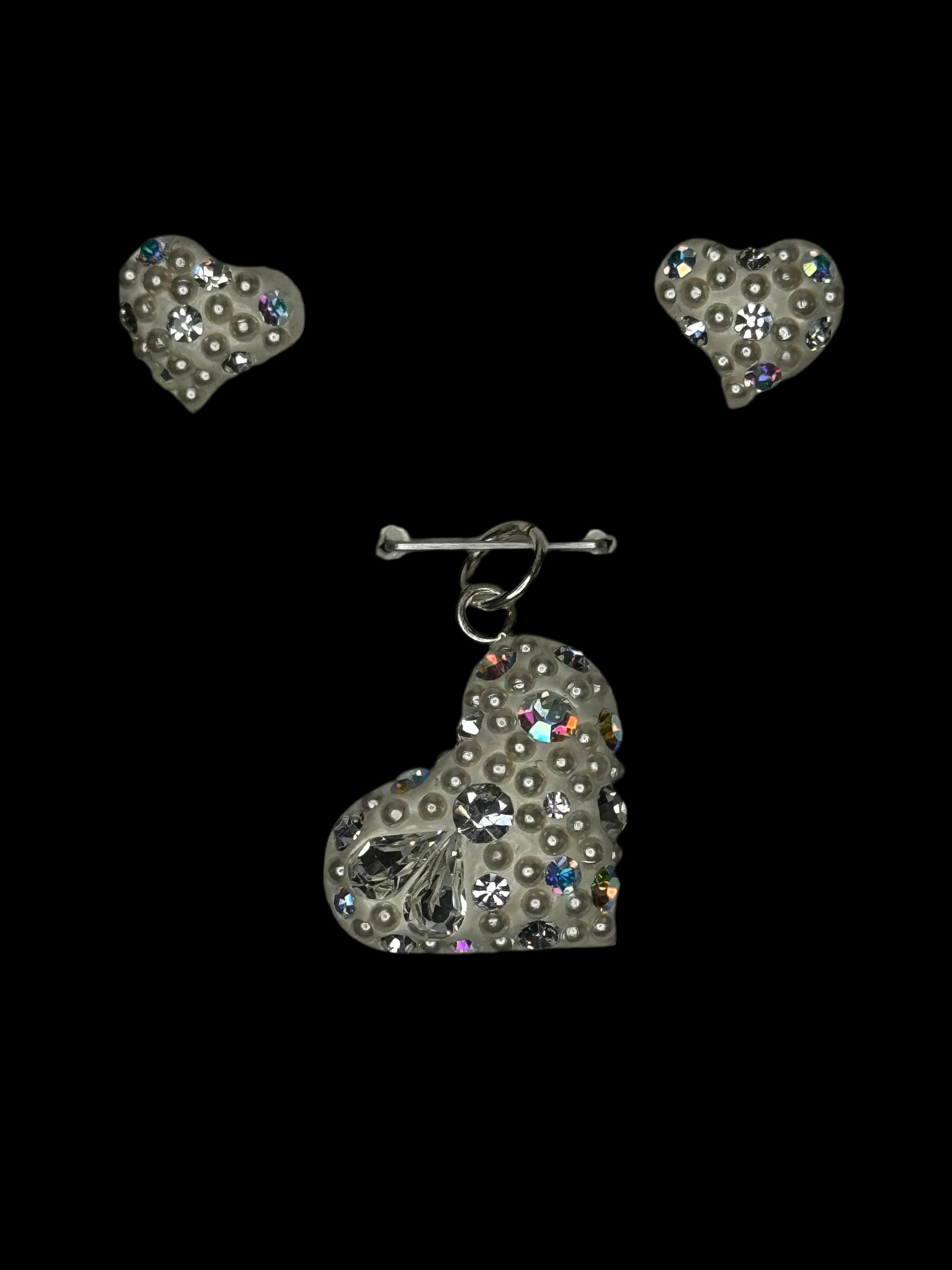 iridescent Crystal Heart Pendant & Earrings .