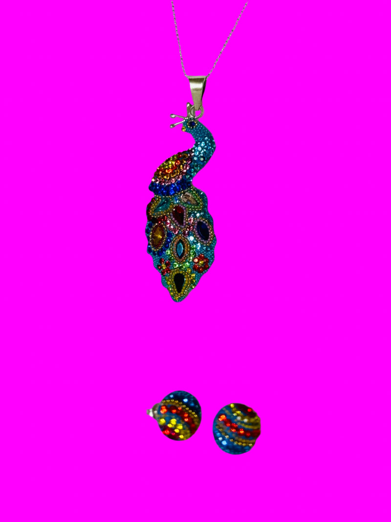 Crystal multi color Peacock Pendant Set