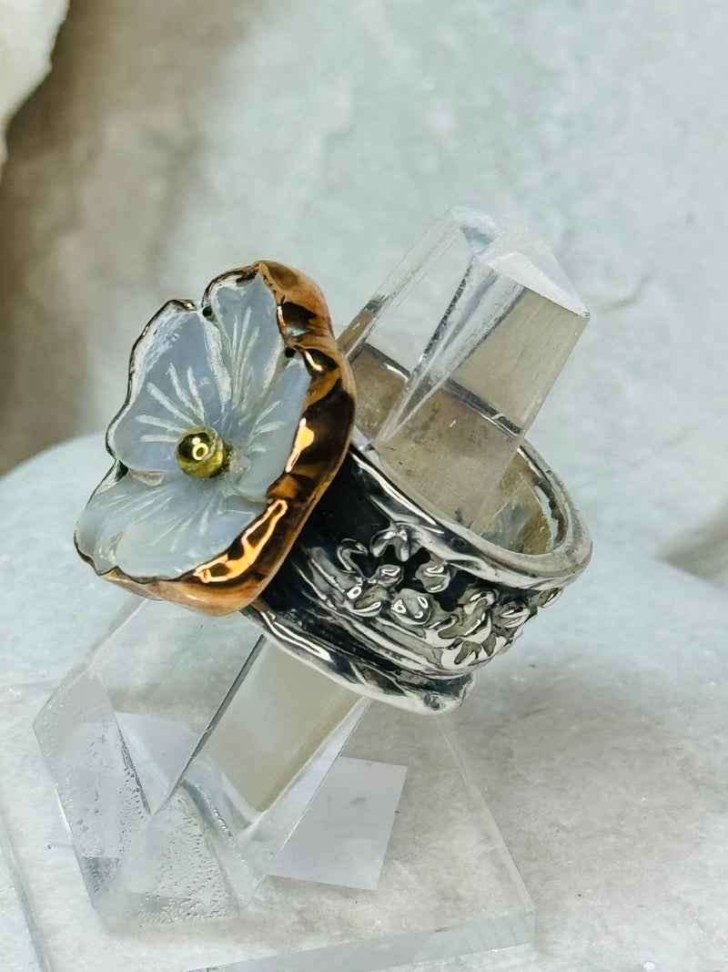 Sterling Silver Hibiscus Flower Ring .