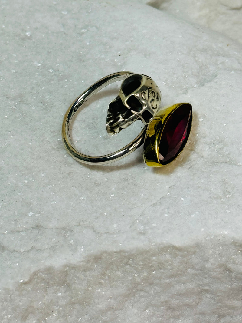 Sterling Silver Skull & Crystal-Red Ring .