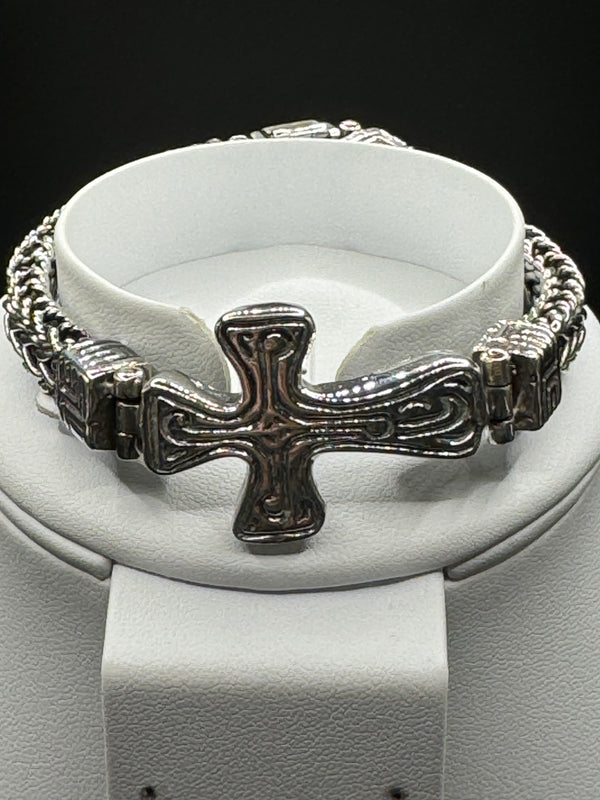 Sterling Silver Herringbone Cross Bracelet .