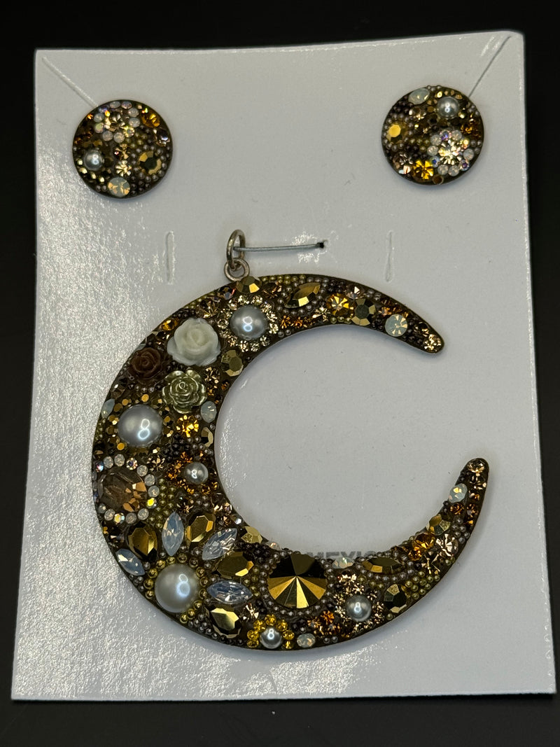 Crystals in gold Crescent Pendant & Earrings