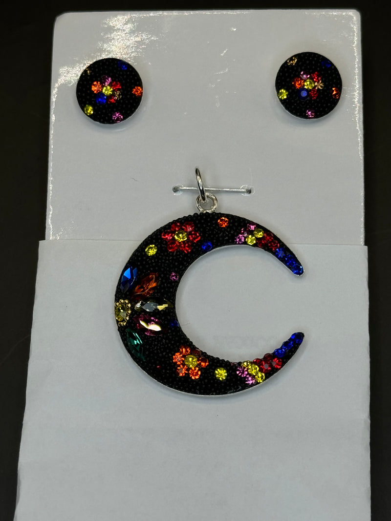 Cresent Pendant & Earrings in multi color crystals .