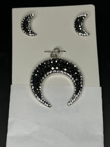 Cresent Pendant & Earings in black crystals. Small size.