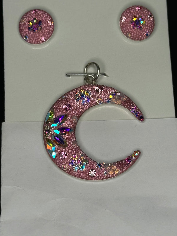 Crescent Pendant & Earrings in pink crystals . Small size .