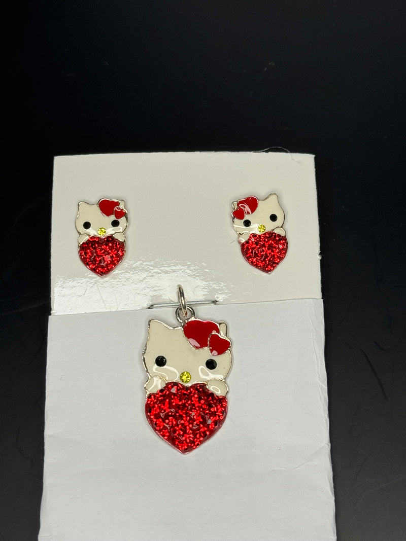 Red crystals Kitty & Heart Pendant & Earrings .  Petite .