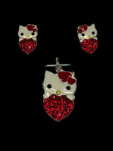 Red crystals Kitty & Heart Pendant & Earrings .  Petite .