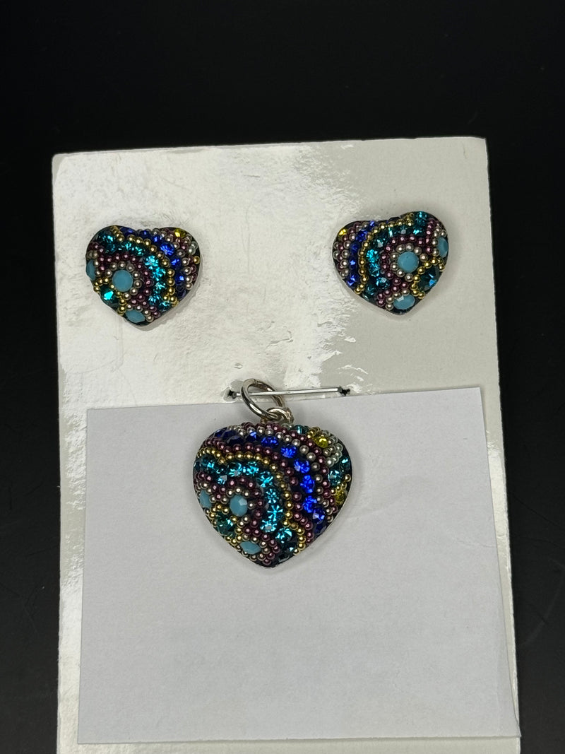 Multi color Crystals Heart Pendant & Earrings . Petite .