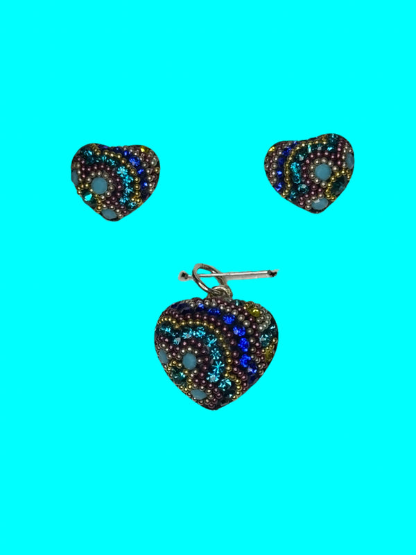 Multi color Crystals Heart Pendant & Earrings . Petite .