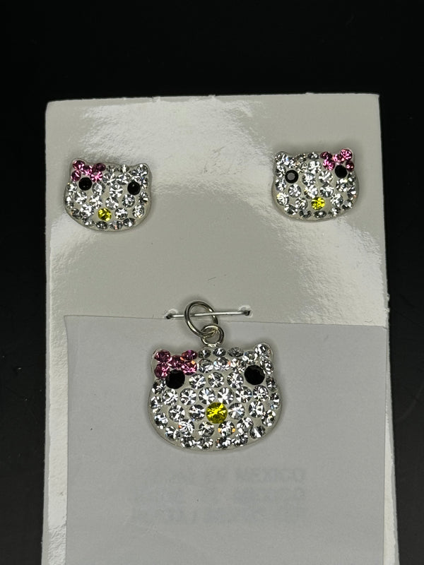 Iridescent crystals Kitty Pendant & Earrings . Petite .