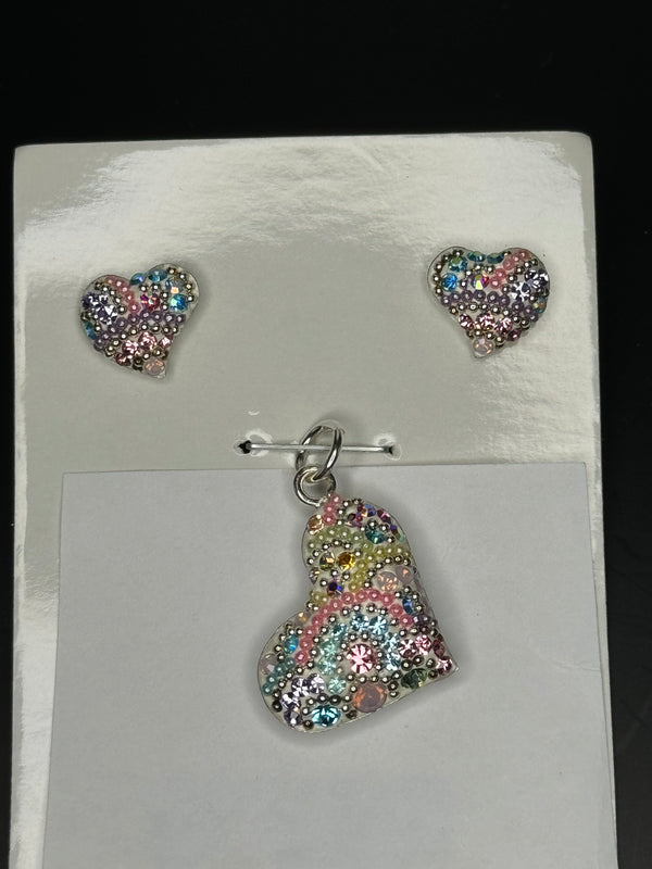 Crystal multi color Heart Pendant & Earrings . Sterling Silver . Petite