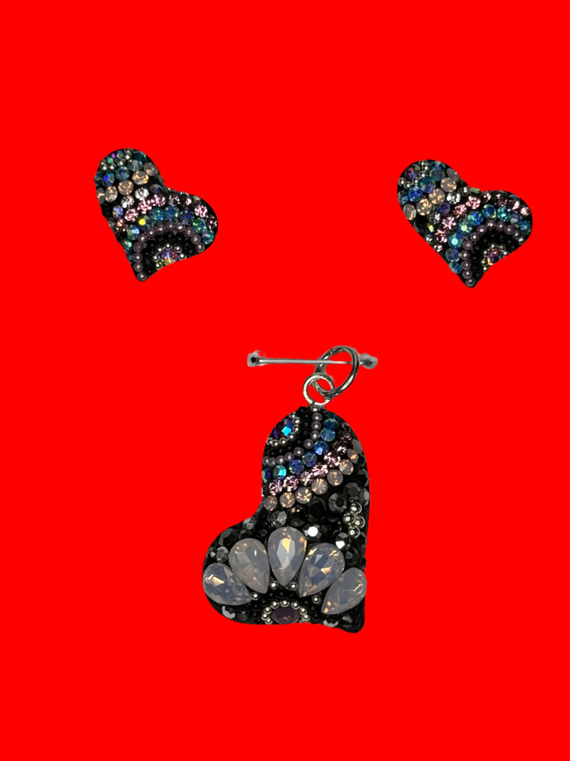 Multi color Crystals with black Heart Pendant & Earrings .  Petite