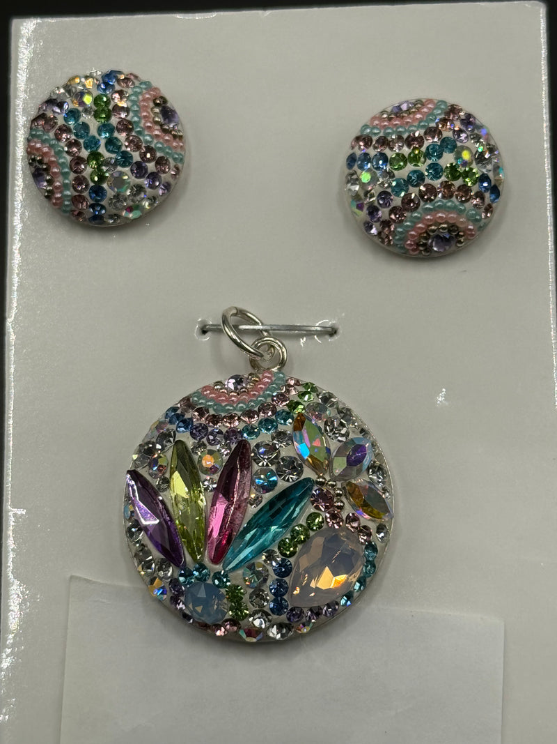 Brilliant Crystals multicolor Round Pendant & Earrings.  Small