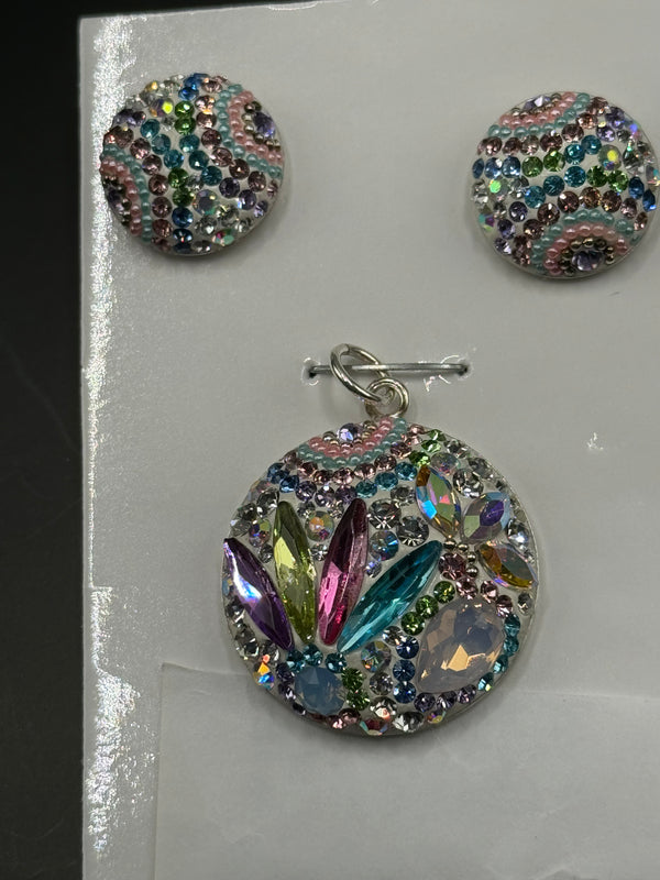 Brilliant Crystals multicolor Round Pendant & Earrings.  Small