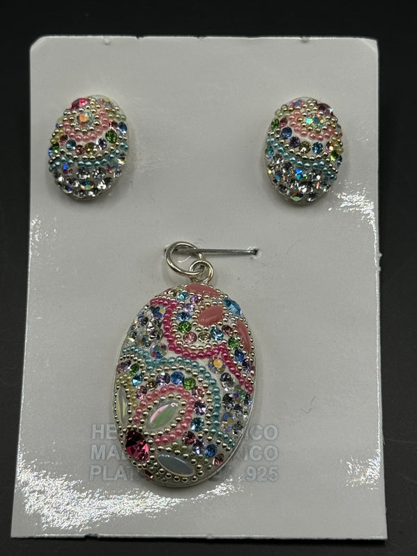 Brilliant Crystals Oval Pendant & Earrings . Soft rouge pinks . Small