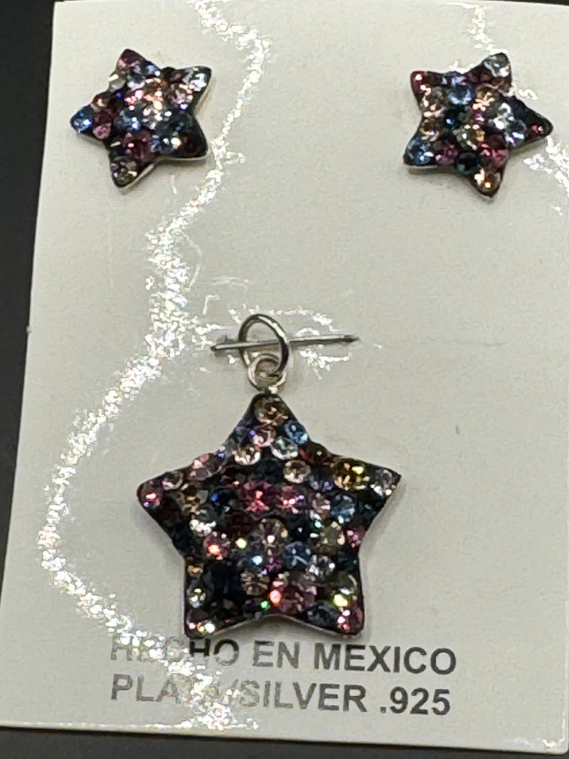 Brilliant crystals in dark shades Star Pendant & Earrings . Small