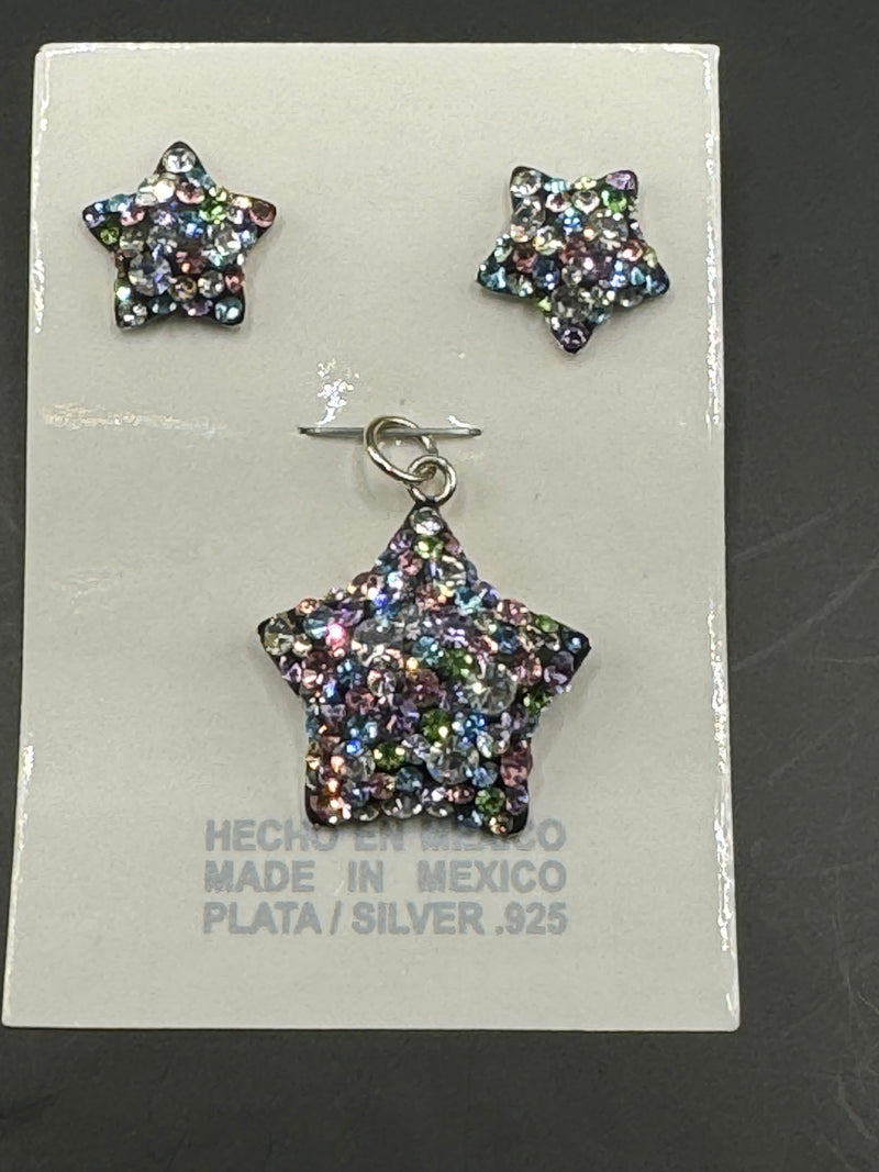 Brilliant crystals dark iridescent Star Pendant & Earrings . Small size .