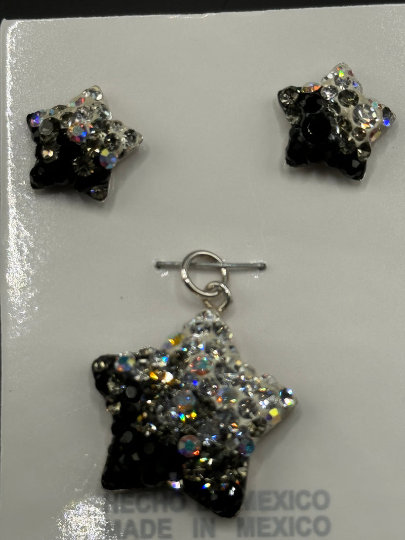 Brilliant crystals in black Star Pendant & Earrings . Small size .