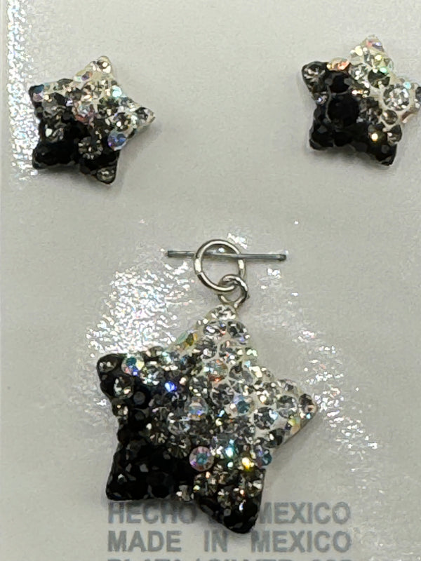 Brilliant crystals in black Star Pendant & Earrings . Small size .