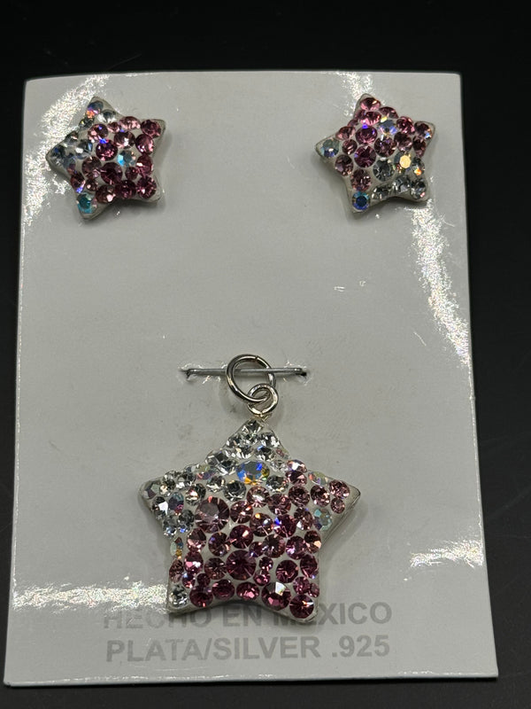 Brilliant crystals in fusia Star Pendant & Earrings .  Small size .