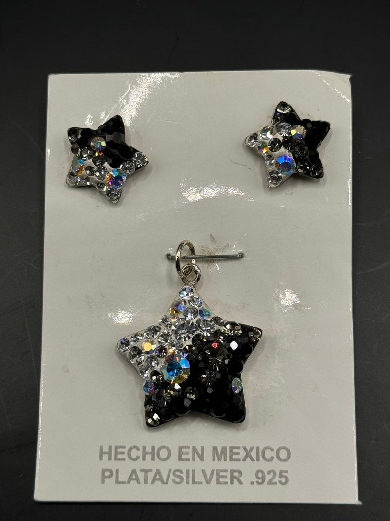 Brilliant crystals in black Star Pendant & Earrings . Small size .